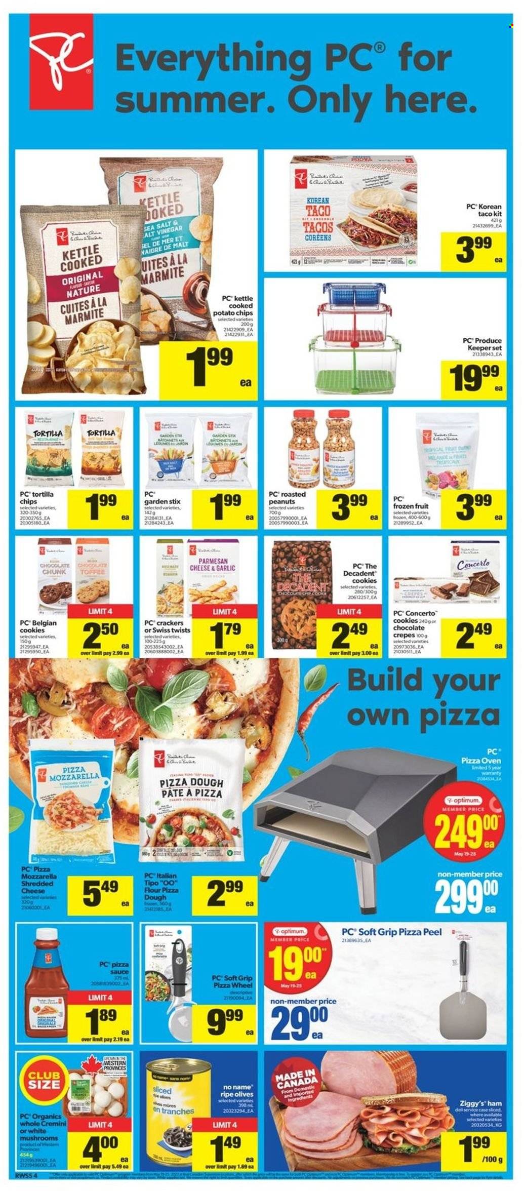 thumbnail - Real Canadian Superstore Flyer - May 19, 2022 - May 25, 2022 - Sales products - tortillas, tacos, No Name, ham, shredded cheese, parmesan, pizza dough, cookies, chocolate, toffee, crackers, potato chips, malt, peanuts, keeper set, Optimum, olives. Page 4.