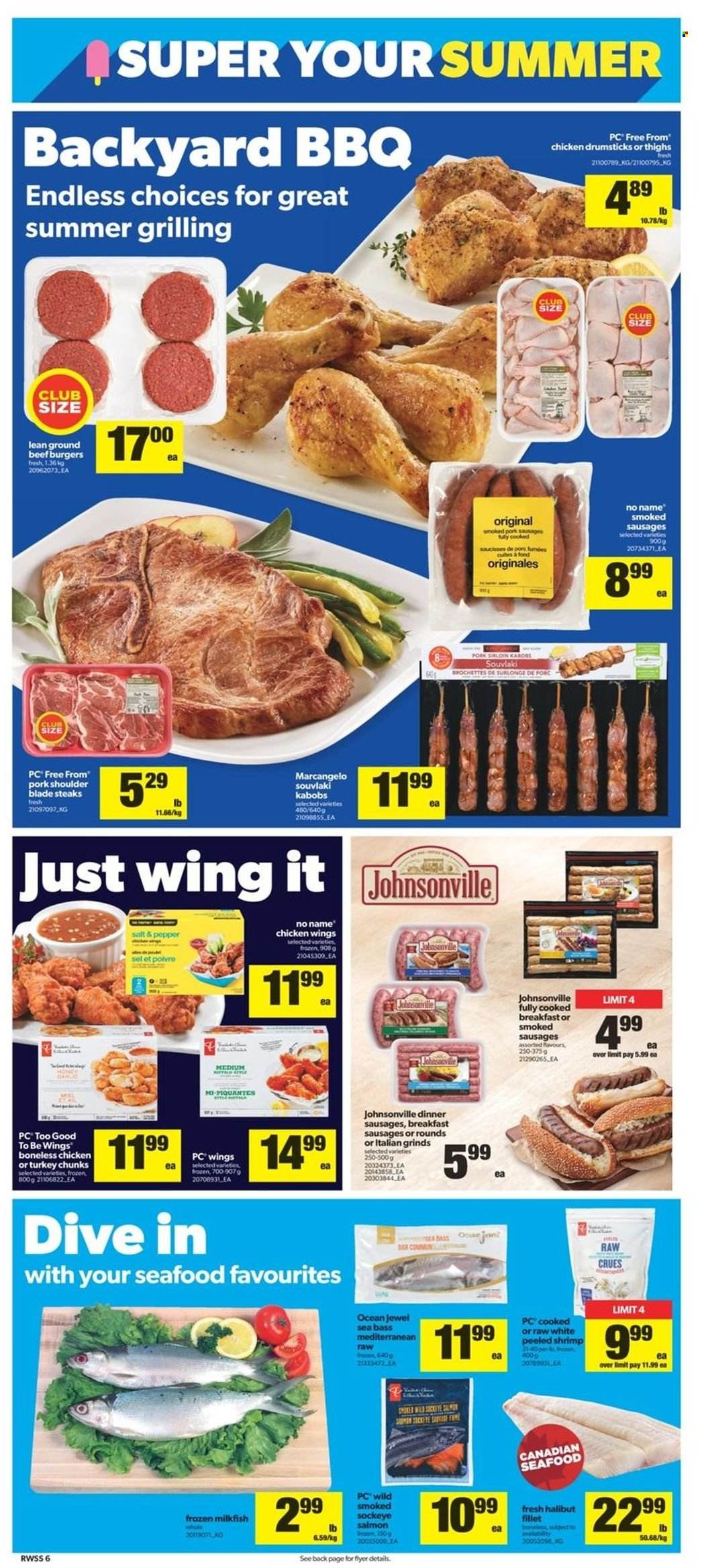 thumbnail - Real Canadian Superstore Flyer - May 19, 2022 - May 25, 2022 - Sales products - salmon, sea bass, halibut, seafood, No Name, milkfish, hamburger, beef burger, Johnsonville, sausage, chicken wings, chicken drumsticks, chicken, beef meat, ground beef, pork loin, pork meat, pork shoulder, steak. Page 6.