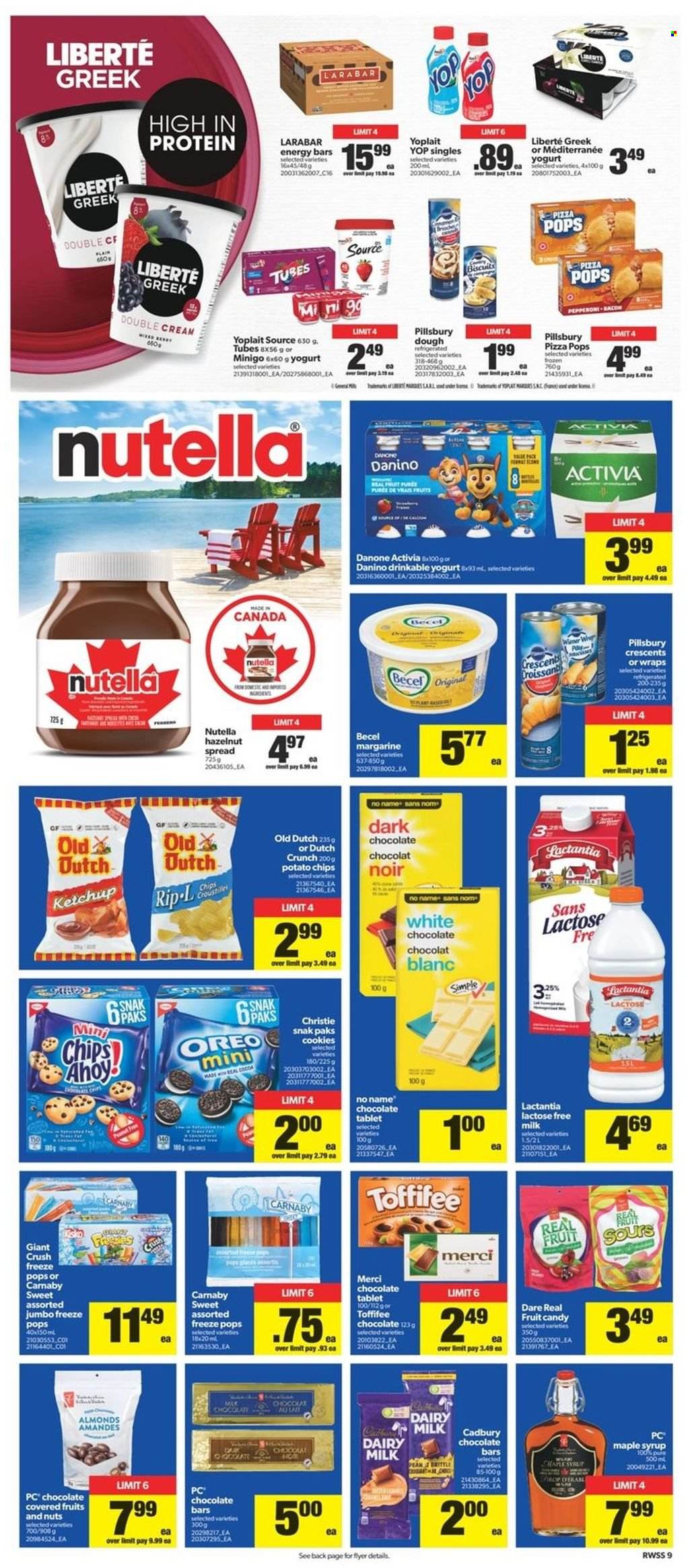 thumbnail - Real Canadian Superstore Flyer - May 19, 2022 - May 25, 2022 - Sales products - tablet, wraps, No Name, pizza, Pillsbury, yoghurt, Activia, Yoplait, lactose free milk, margarine, cookies, white chocolate, biscuit, dark chocolate, Cadbury, Merci, Dairy Milk, chocolate bar, potato chips, energy bar, maple syrup, syrup, almonds, ketchup, Nutella, Oreo, Danone. Page 9.