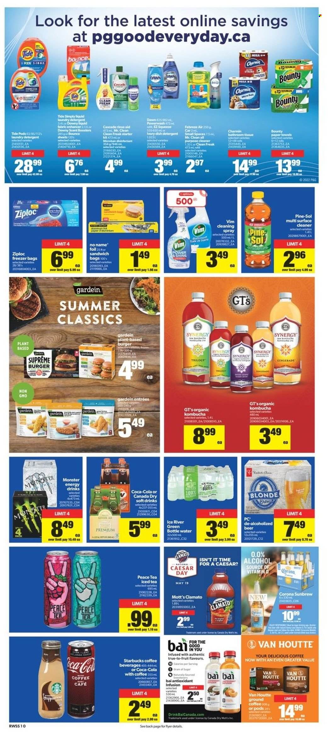 thumbnail - Real Canadian Superstore Flyer - May 19, 2022 - May 25, 2022 - Sales products - Mott's, No Name, hamburger, Bounty, sugar, Canada Dry, Coca-Cola, energy drink, Monster, ice tea, Clamato, soft drink, Bai, kombucha, coffee, ground coffee, Starbucks, beer, Corona Extra, bath tissue, kitchen towels, paper towels, Charmin, Febreze, surface cleaner, cleaner, all purpose cleaner, Pine-Sol, Tide, laundry detergent, Bounce, Cascade, scent booster, Downy Laundry, Ziploc, freezer bag, detergent, desinfection. Page 10.