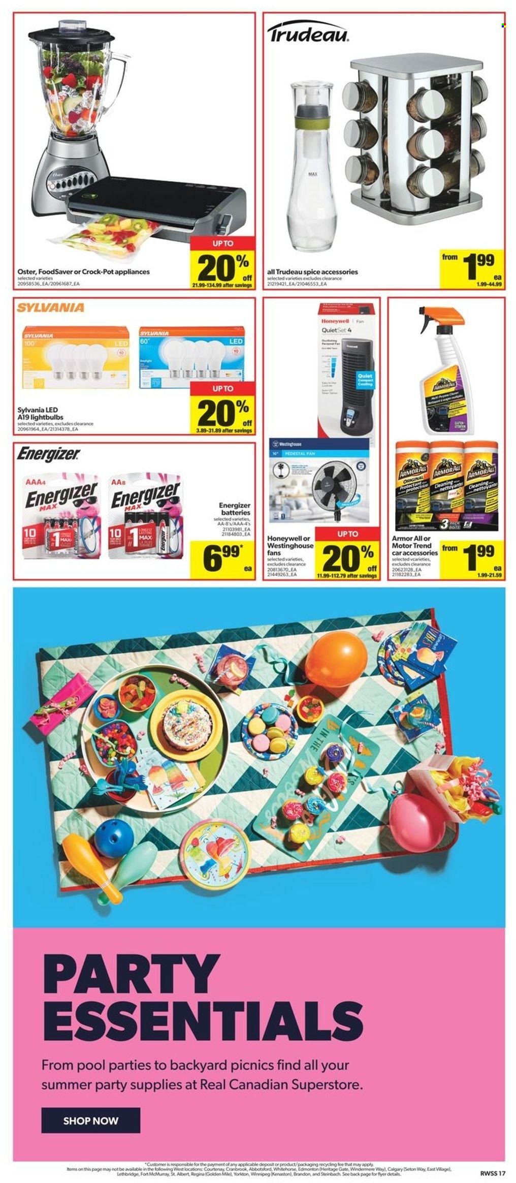 thumbnail - Real Canadian Superstore Flyer - May 19, 2022 - May 25, 2022 - Sales products - spice, pot, party supplies, battery, Sylvania, Honeywell, stand fan, pool, Energizer. Page 17.