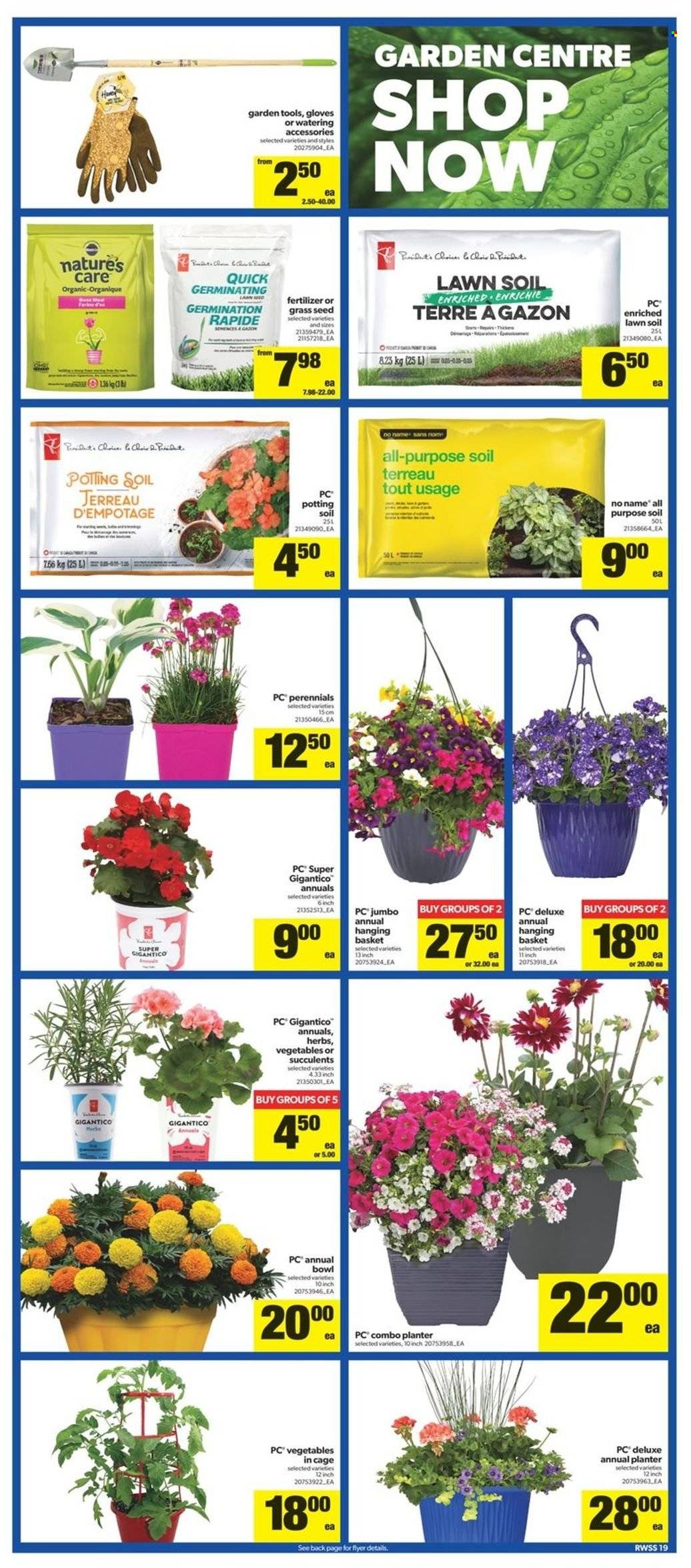 thumbnail - Real Canadian Superstore Flyer - May 19, 2022 - May 25, 2022 - Sales products - No Name, herbs, Sol, basket, gloves, bowl, cage, plant seeds, gardening tools, succulent, fertilizer, grass seed, LG. Page 19.