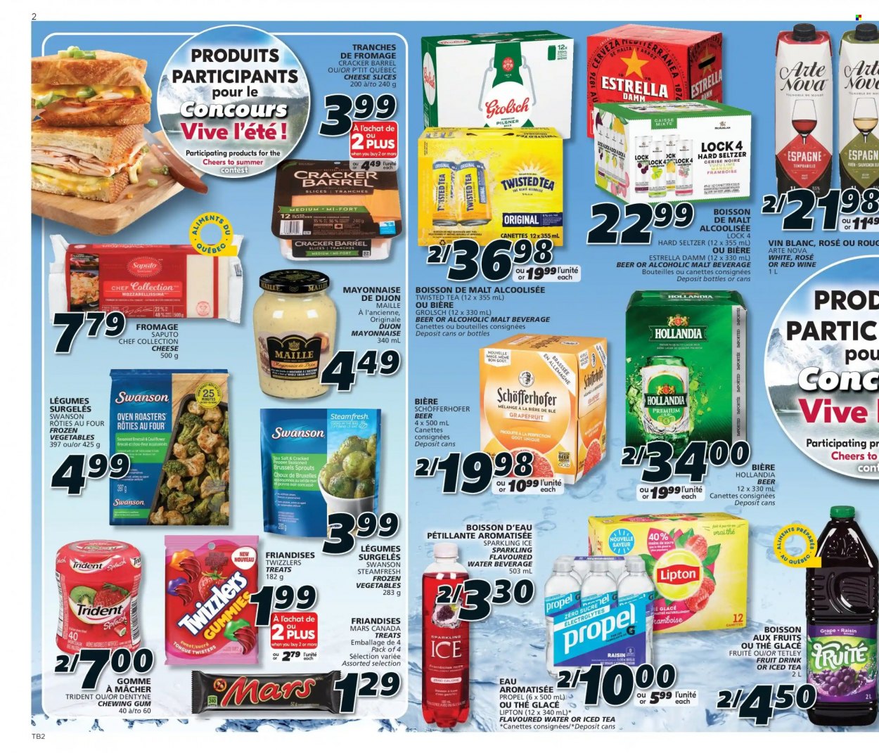 thumbnail - IGA Flyer - May 19, 2022 - May 25, 2022 - Sales products - broccoli, cauliflower, brussel sprouts, grapefruits, sliced cheese, cheese, mayonnaise, frozen vegetables, Mars, crackers, chewing gum, Trident, malt, pepper, fruit drink, ice tea, red wine, wine, Tempranillo, rosé wine, Hard Seltzer, beer, Grolsch, Lager, Lipton, Twisted Tea. Page 2.