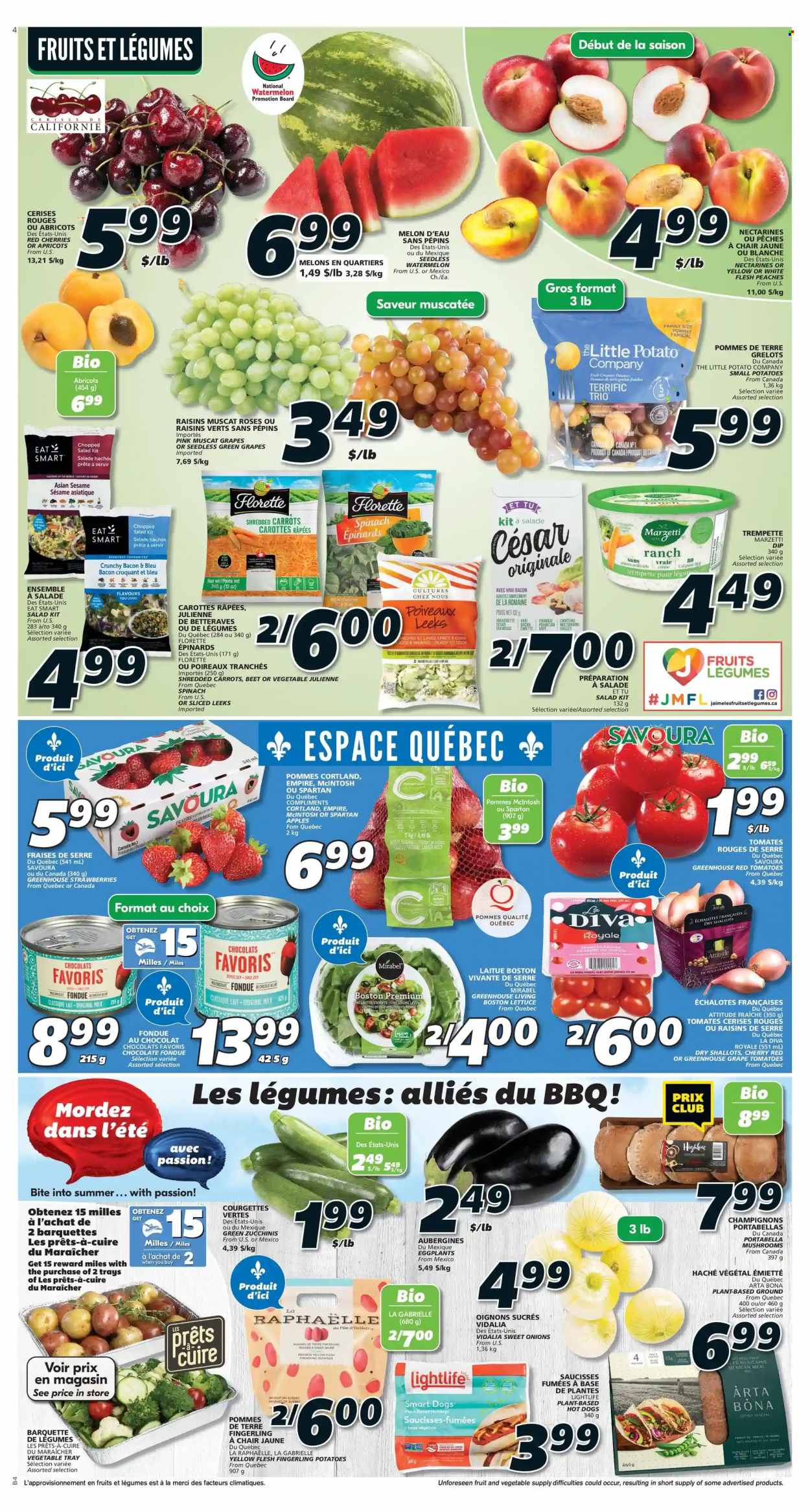 thumbnail - IGA Flyer - May 19, 2022 - May 25, 2022 - Sales products - mushrooms, shallots, spinach, tomatoes, potatoes, lettuce, salad, eggplant, chopped salad, apples, nectarines, strawberries, watermelon, cherries, melons, apricots, peaches, hot dog, bacon, parmesan, milk, creamer, dip, chocolate, Merci, croutons, dried fruit, raisins. Page 3.
