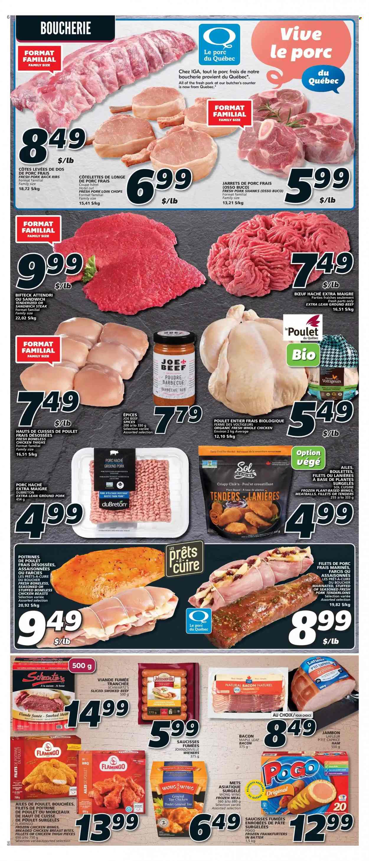 thumbnail - IGA Flyer - May 19, 2022 - May 25, 2022 - Sales products - meatballs, sandwich, fried chicken, bacon, ham, Johnsonville, cheddar, cheese, chicken wings, Sol, whole chicken, chicken thighs, chicken, beef meat, ground beef, ground pork, pork chops, pork loin, pork meat, pork ribs, pork tenderloin, pork back ribs, steak. Page 5.