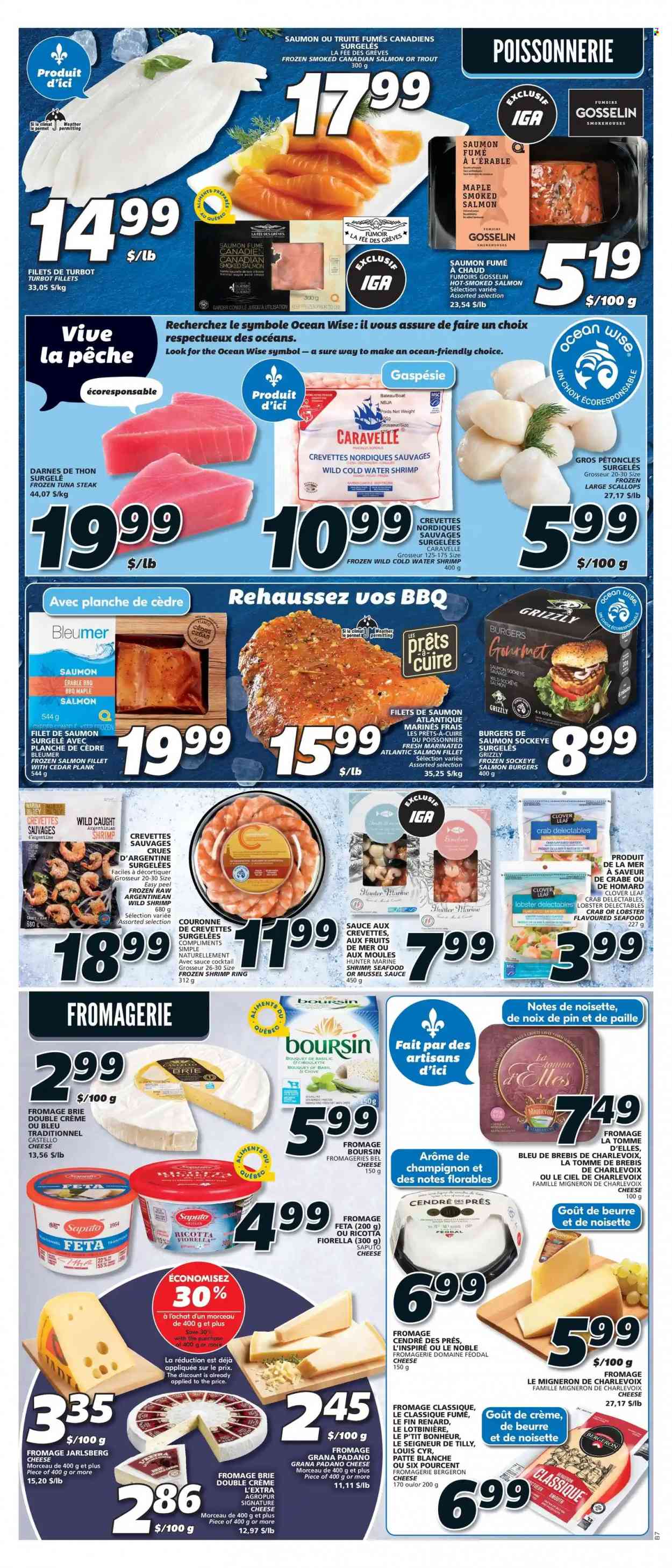 thumbnail - IGA Flyer - May 19, 2022 - May 25, 2022 - Sales products - lobster, mussels, salmon, salmon fillet, scallops, smoked salmon, trout, tuna, turbot, seafood, crab, shrimps, hamburger, sauce, cheese, brie, feta, Grana Padano, Clover, tuna steak, esponja, ricotta, steak. Page 6.