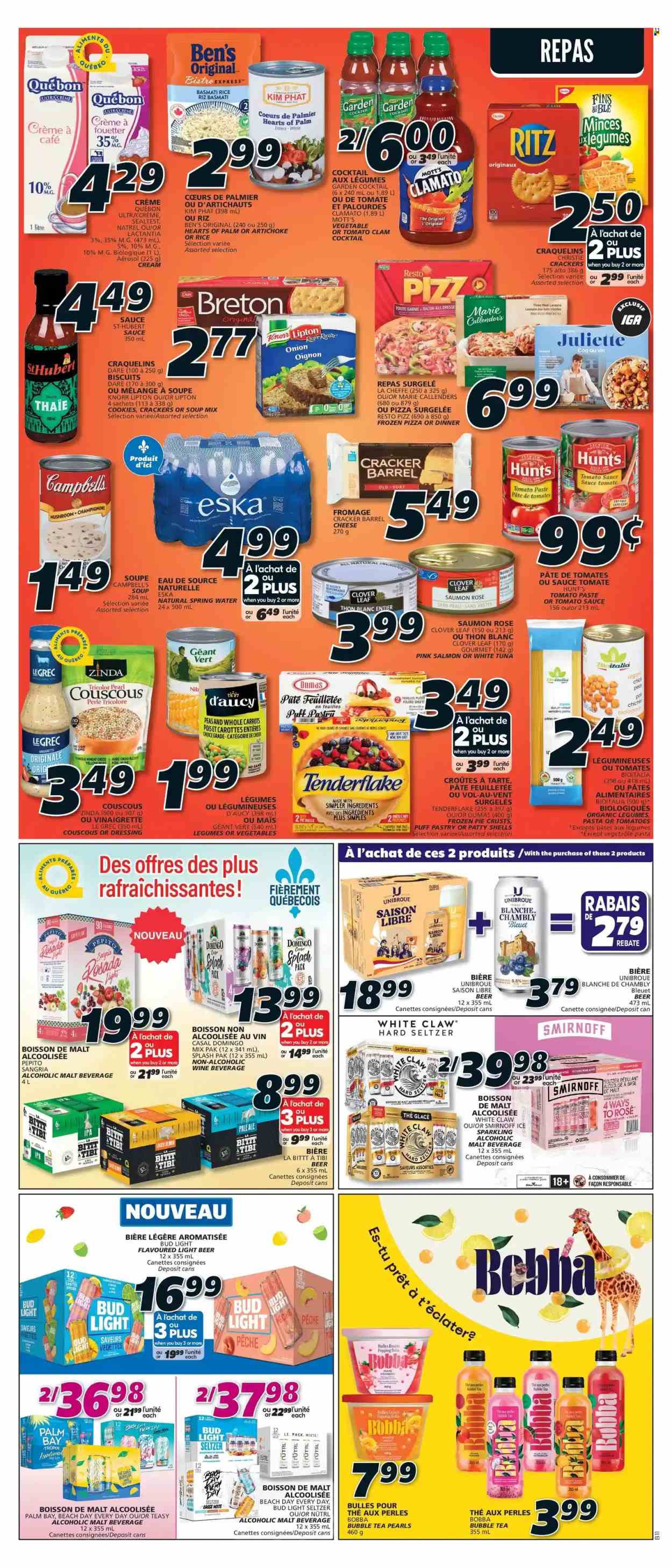 thumbnail - IGA Flyer - May 19, 2022 - May 25, 2022 - Sales products - hearts of palm, Mott's, clams, salmon, tuna, Campbell's, pizza, soup mix, soup, lasagna meal, Marie Callender's, bacon, Clover, cookies, crackers, biscuit, RITZ, pie crust, malt, tomato paste, tomato sauce, basmati rice, rice, vinaigrette dressing, dressing, Clamato, spring water, tea, bubble tea, rosé wine, Smirnoff, White Claw, Hard Seltzer, beer, Bud Light, Lager, IPA, couscous, Lipton, Knorr. Page 10.