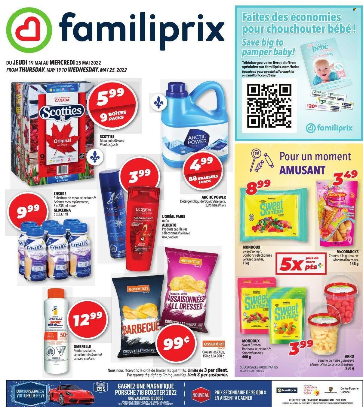 thumbnail - Familiprix Flyer - May 19, 2022 - May 25, 2022 - Sales products - marshmallows, chips, tissues, liquid detergent, L’Oréal, Glucerna, detergent. Page 1.