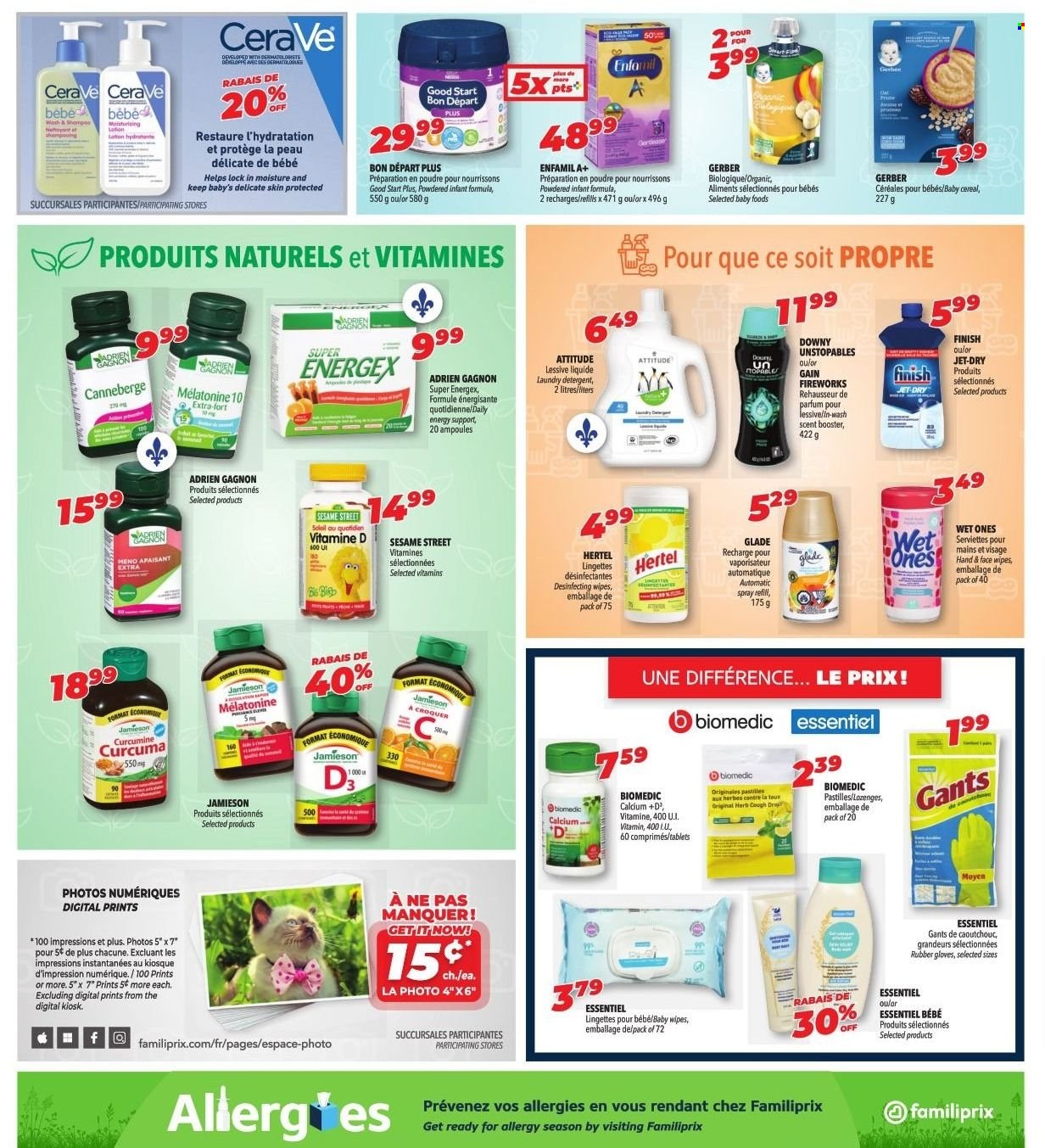 thumbnail - Familiprix Flyer - May 19, 2022 - May 25, 2022 - Sales products - pastilles, Sesame Street, Gerber, cereals, herbs, wipes, baby wipes, Gain, Unstopables, laundry detergent, Gain Fireworks, Jet, CeraVe, eau de parfum, gloves, calcium, detergent. Page 7.