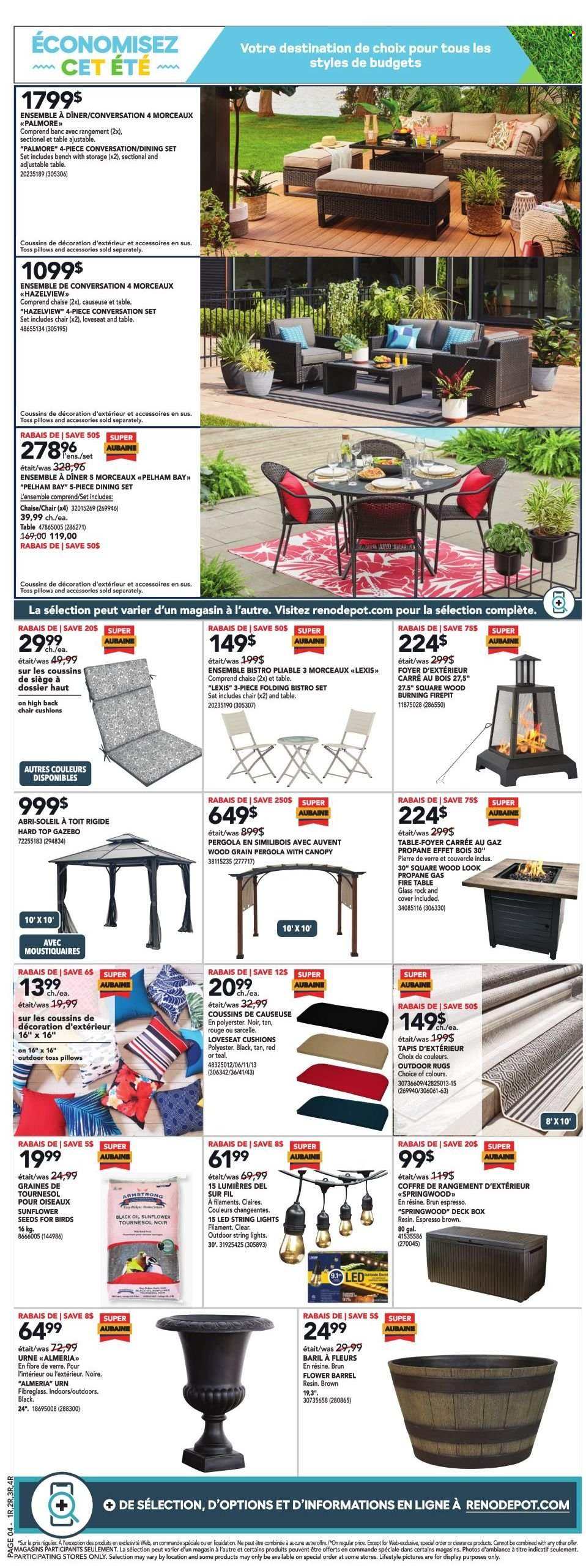 thumbnail - Réno-Dépôt Flyer - May 19, 2022 - May 25, 2022 - Sales products - dining set, table, chair, bench, loveseat, cushion, string lights, rug, gazebo, pergola. Page 7.