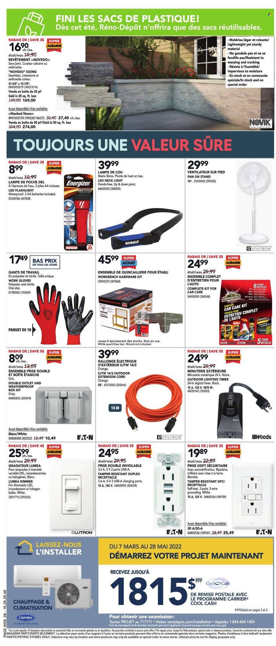 thumbnail - Réno-Dépôt Flyer - May 19, 2022 - May 25, 2022 - Sales products - work bench, lighting, siding, gloves, work gloves, extension cord, Energizer. Page 13.