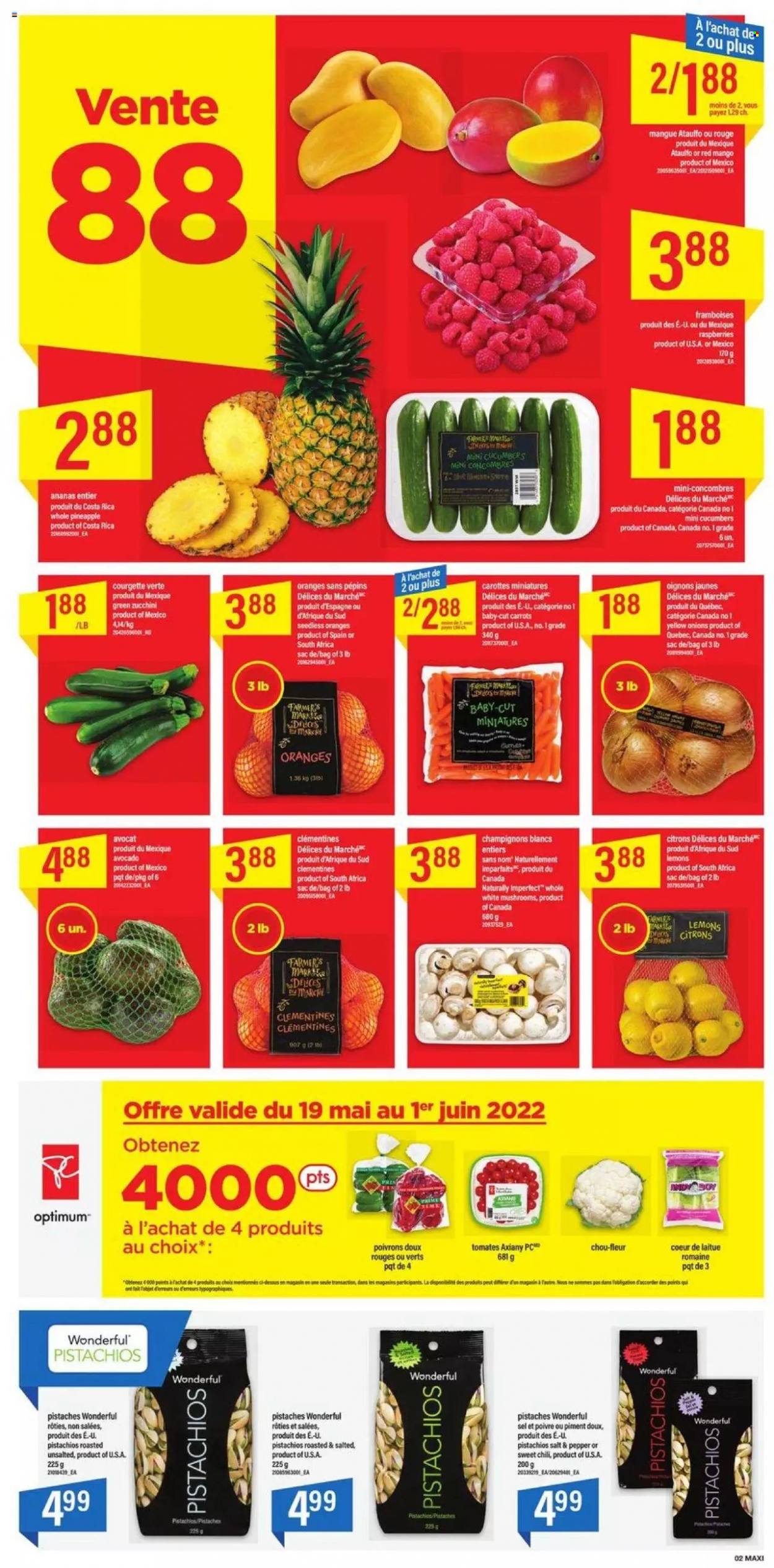 thumbnail - Maxi Flyer - May 19, 2022 - May 25, 2022 - Sales products - mushrooms, carrots, cucumber, zucchini, onion, avocado, clementines, mango, pineapple, lemons, pistachios, oranges. Page 2.