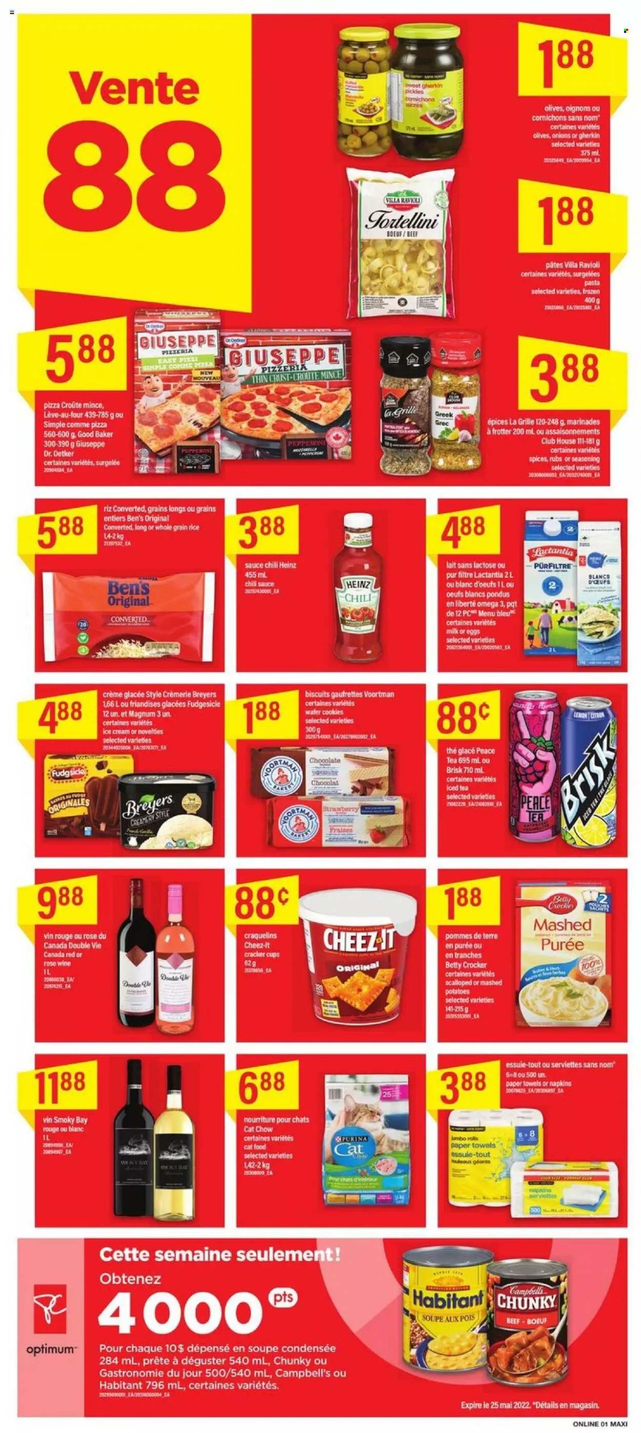 thumbnail - Maxi Flyer - May 19, 2022 - May 25, 2022 - Sales products - onion, Campbell's, mashed potatoes, ravioli, pizza, pasta, sauce, tortellini, pepperoni, Dr. Oetker, milk, eggs, Magnum, ice cream, cookies, wafers, crackers, biscuit, Cheez-It, pickles, rice, whole grain rice, spice, chilli sauce, ice tea, rosé wine, napkins, kitchen towels, paper towels, Omega-3, Heinz, olives. Page 6.