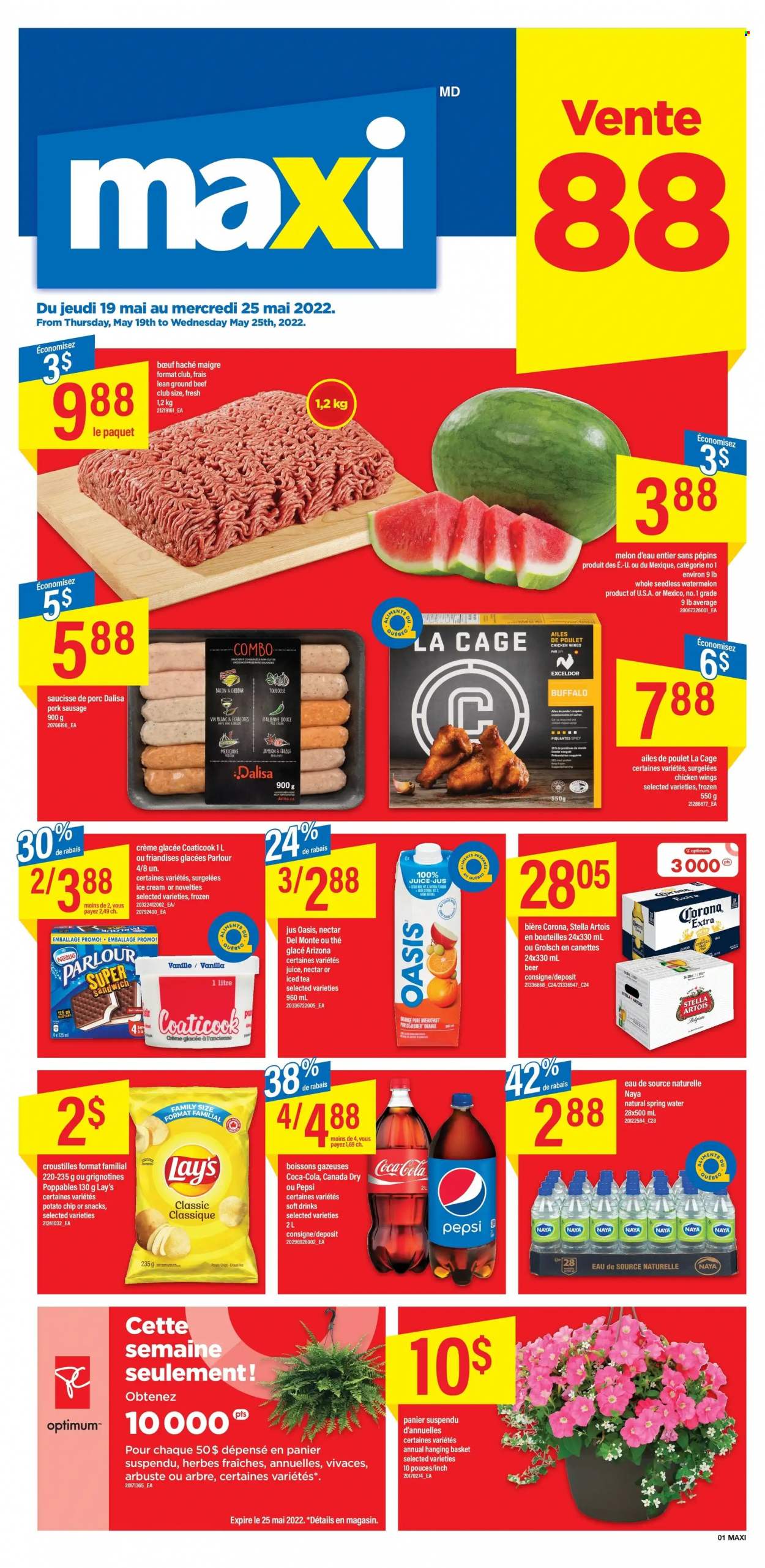 thumbnail - Maxi & Cie Flyer - May 19, 2022 - May 25, 2022 - Sales products - watermelon, melons, bacon, sausage, pork sausage, cheese, ice cream, chicken wings, potato chips, Lay’s, Canada Dry, Coca-Cola, Pepsi, juice, ice tea, soft drink, AriZona, spring water, beer, Corona Extra, Grolsch, beef meat, ground beef, Nestlé, Stella Artois, oranges. Page 1.