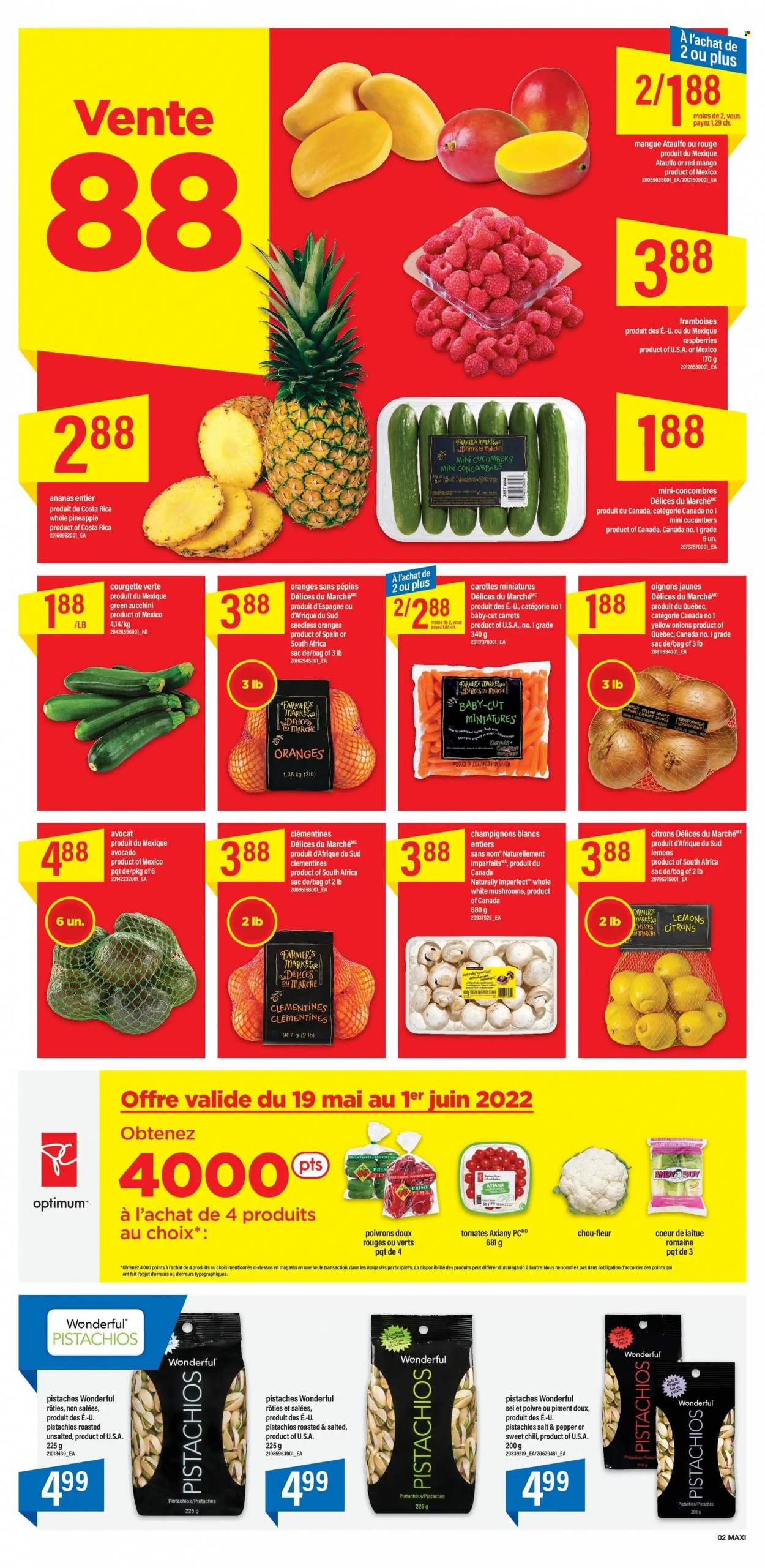 thumbnail - Maxi & Cie Flyer - May 19, 2022 - May 25, 2022 - Sales products - mushrooms, carrots, cucumber, zucchini, onion, green pepper, avocado, clementines, mango, pineapple, lemons, pistachios, oranges. Page 2.