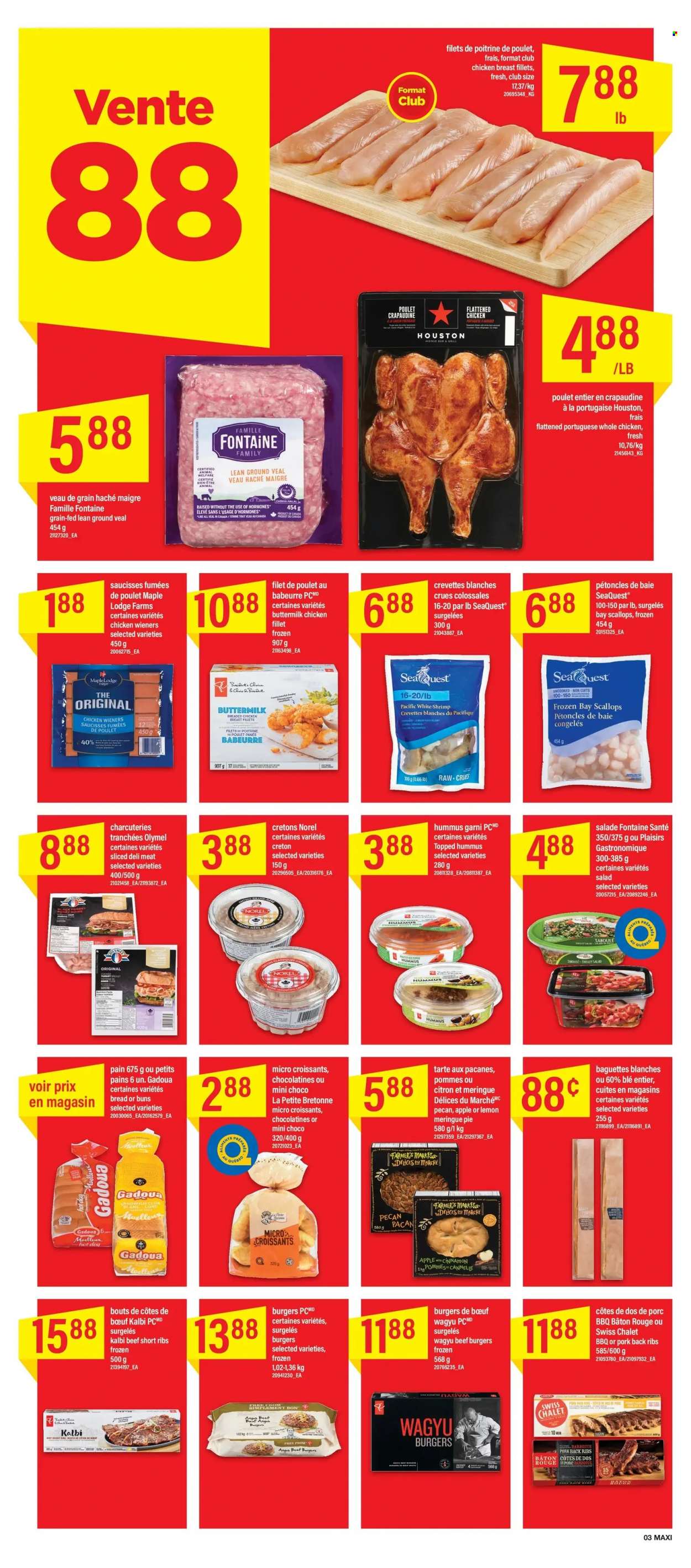 thumbnail - Maxi & Cie Flyer - May 19, 2022 - May 25, 2022 - Sales products - bread, pie, croissant, buns, parsley, salad, scallops, shrimps, hot dog, hamburger, fried chicken, beef burger, hummus, buttermilk, cinnamon, whole chicken, chicken, beef meat, beef ribs, ground veal, veal meat, pork meat, pork ribs, pork back ribs, baguette. Page 3.