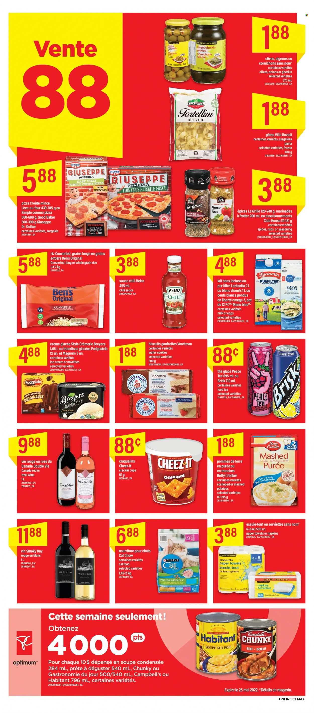 thumbnail - Maxi & Cie Flyer - May 19, 2022 - May 25, 2022 - Sales products - onion, No Name, Campbell's, mashed potatoes, ravioli, pizza, pasta, sauce, tortellini, pepperoni, Dr. Oetker, milk, eggs, butter, Magnum, ice cream, cookies, fudge, wafers, crackers, biscuit, Cheez-It, pickles, rice, whole grain rice, spice, chilli sauce, ice tea, Cuvée, rosé wine, napkins, kitchen towels, paper towels, Omega-3, Heinz, olives, steak. Page 6.