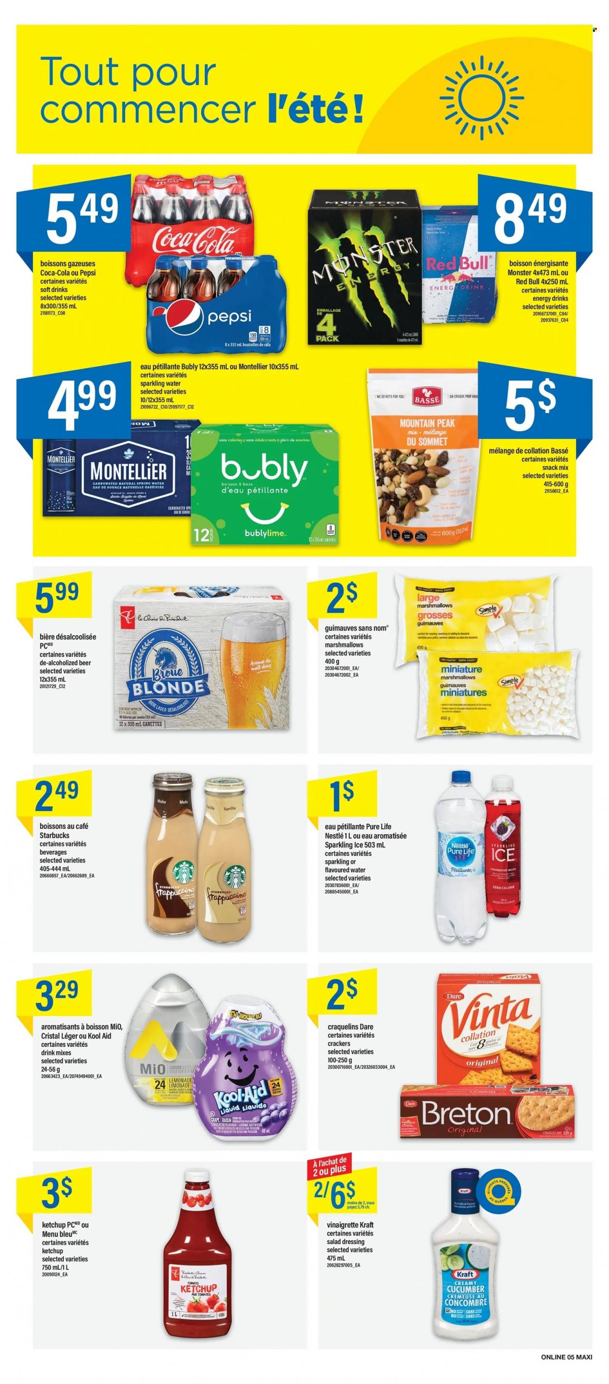 thumbnail - Maxi & Cie Flyer - May 19, 2022 - May 25, 2022 - Sales products - No Name, Kraft®, marshmallows, snack, crackers, malt, salad dressing, vinaigrette dressing, dressing, Coca-Cola, lemonade, Pepsi, energy drink, Monster, soft drink, Red Bull, spring water, sparkling water, hot chocolate, Starbucks, beer, Lager, kool aid, Nestlé, ketchup. Page 10.