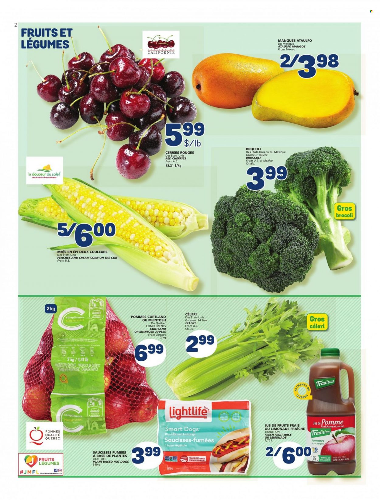 thumbnail - Marché Bonichoix Flyer - May 19, 2022 - May 25, 2022 - Sales products - broccoli, celery, corn, apples, mango, cherries, peaches, hot dog, lemonade, juice, fruit juice. Page 2.