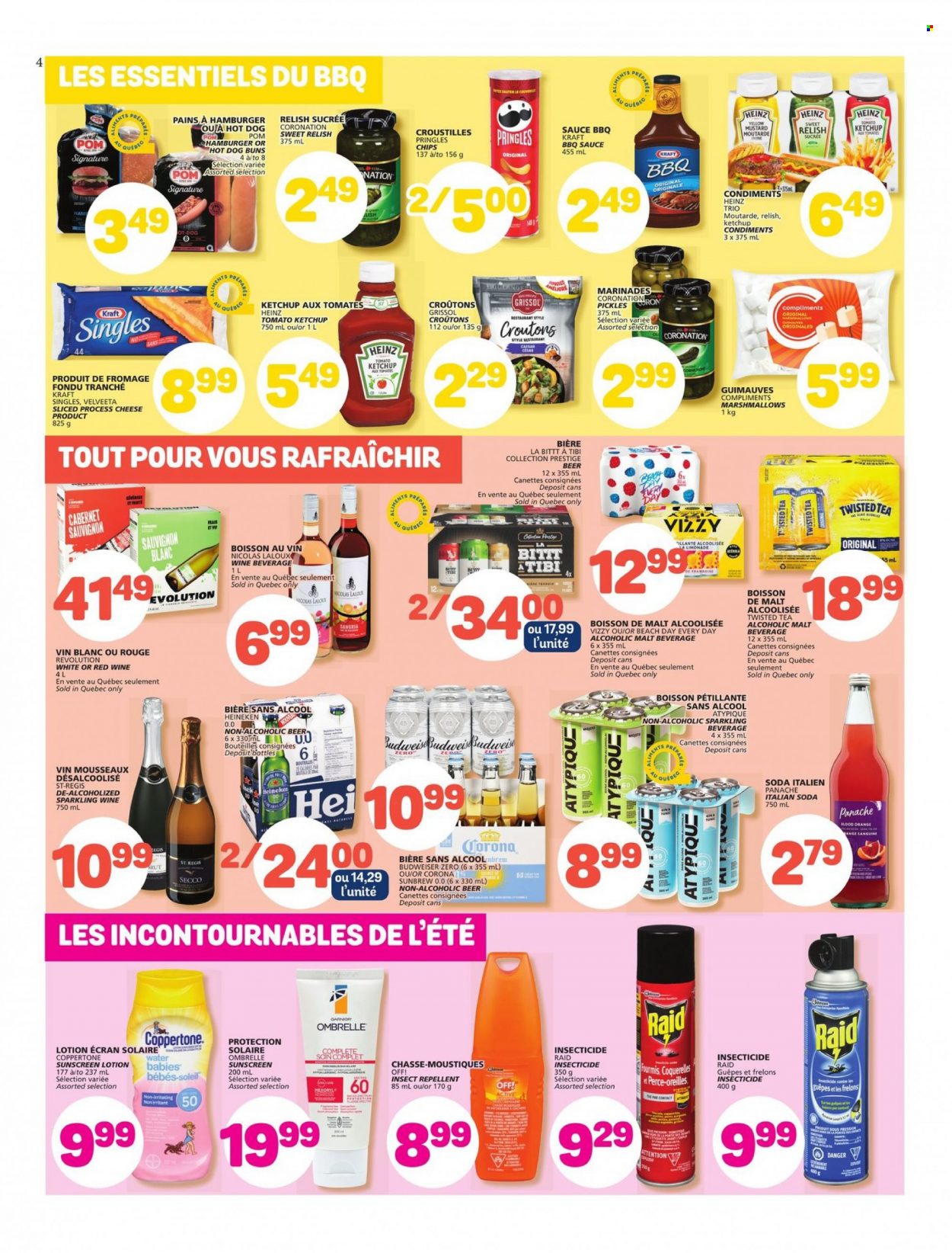 thumbnail - Marché Bonichoix Flyer - May 19, 2022 - May 25, 2022 - Sales products - buns, sauce, Kraft®, sandwich slices, cheese, Kraft Singles, marshmallows, Pringles, chips, croutons, malt, pickles, BBQ sauce, mustard, soda, tea, Cabernet Sauvignon, sparkling wine, white wine, Sauvignon Blanc, beer, Corona Extra, Heineken, body lotion, sunscreen lotion, repellent, insecticide, Raid, Budweiser, Heinz, ketchup, oranges, Twisted Tea. Page 4.