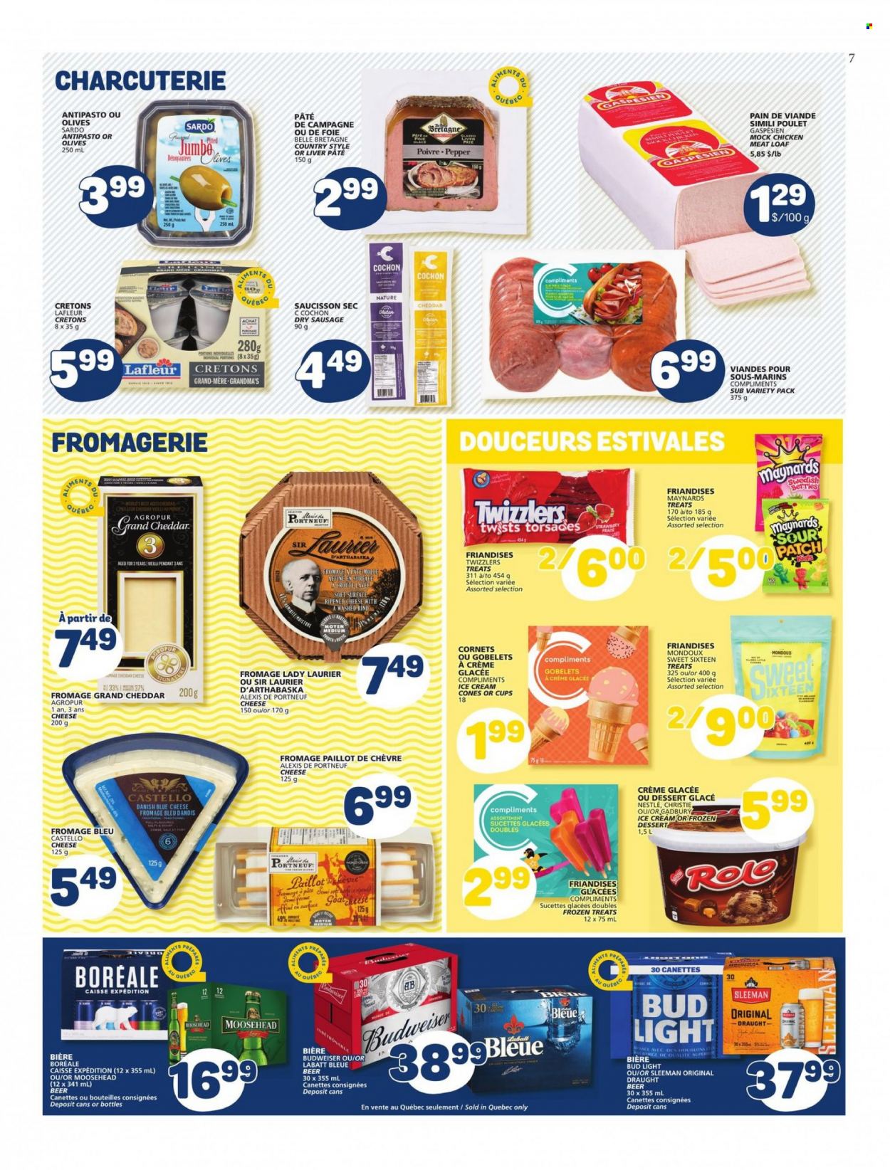 thumbnail - Marché Bonichoix Flyer - May 19, 2022 - May 25, 2022 - Sales products - Ace, sausage, cheddar, cheese, ice cream, sour patch, pepper, beer, Bud Light, chicken, Budweiser, Nestlé, olives. Page 7.