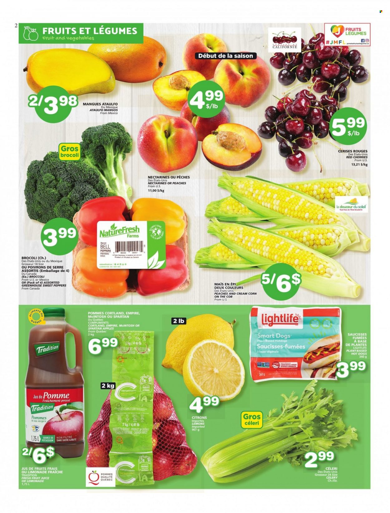 thumbnail - Les Marchés Tradition Flyer - May 19, 2022 - May 25, 2022 - Sales products - bell peppers, broccoli, celery, corn, sweet peppers, peppers, apples, mango, nectarines, cherries, lemons, peaches, hot dog, lemonade, juice, fruit juice. Page 2.