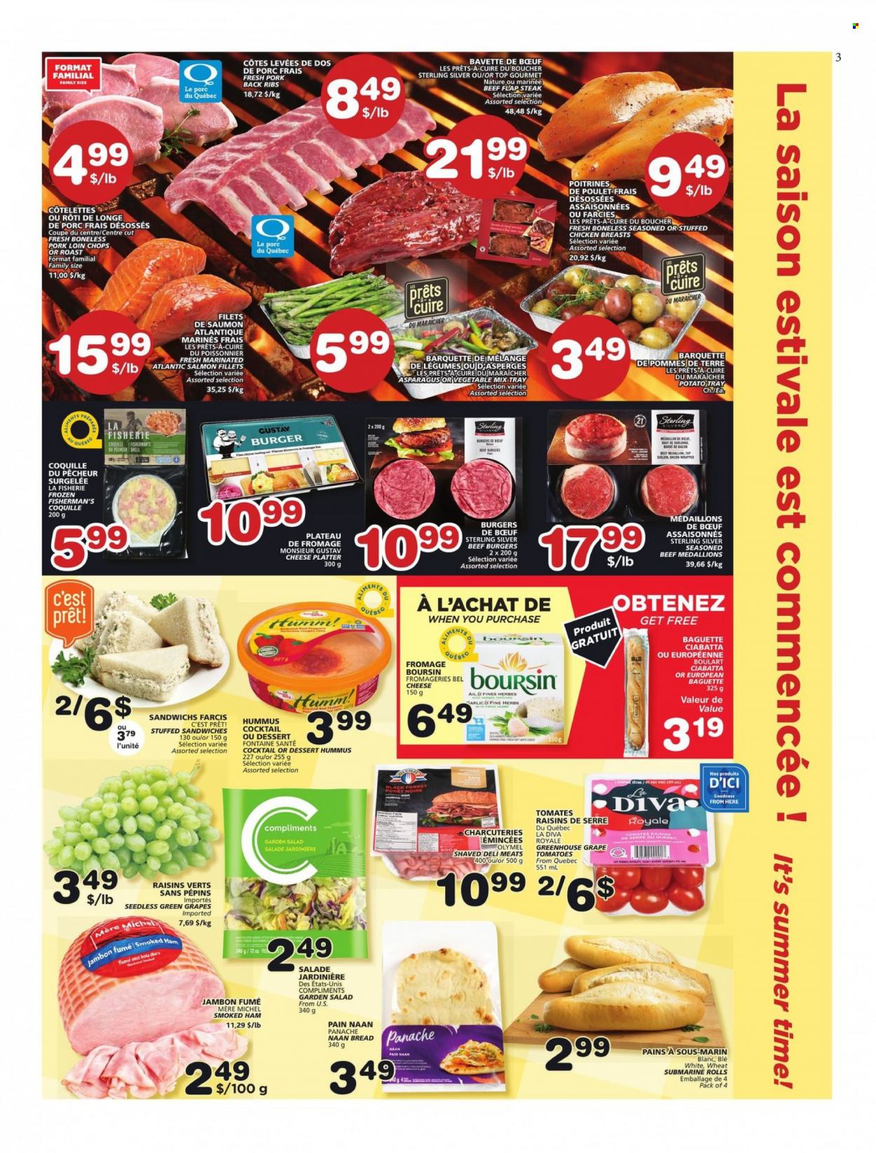 thumbnail - Les Marchés Tradition Flyer - May 19, 2022 - May 25, 2022 - Sales products - bread, tomatoes, salad, peppers, salmon, salmon fillet, sandwich, hamburger, beef burger, stuffed chicken, bacon, ham, smoked ham, hummus, cheese, dried fruit, beef meat, flap steak, pork chops, pork loin, pork meat, pork ribs, pork back ribs, baguette, ciabatta, raisins, steak. Page 3.