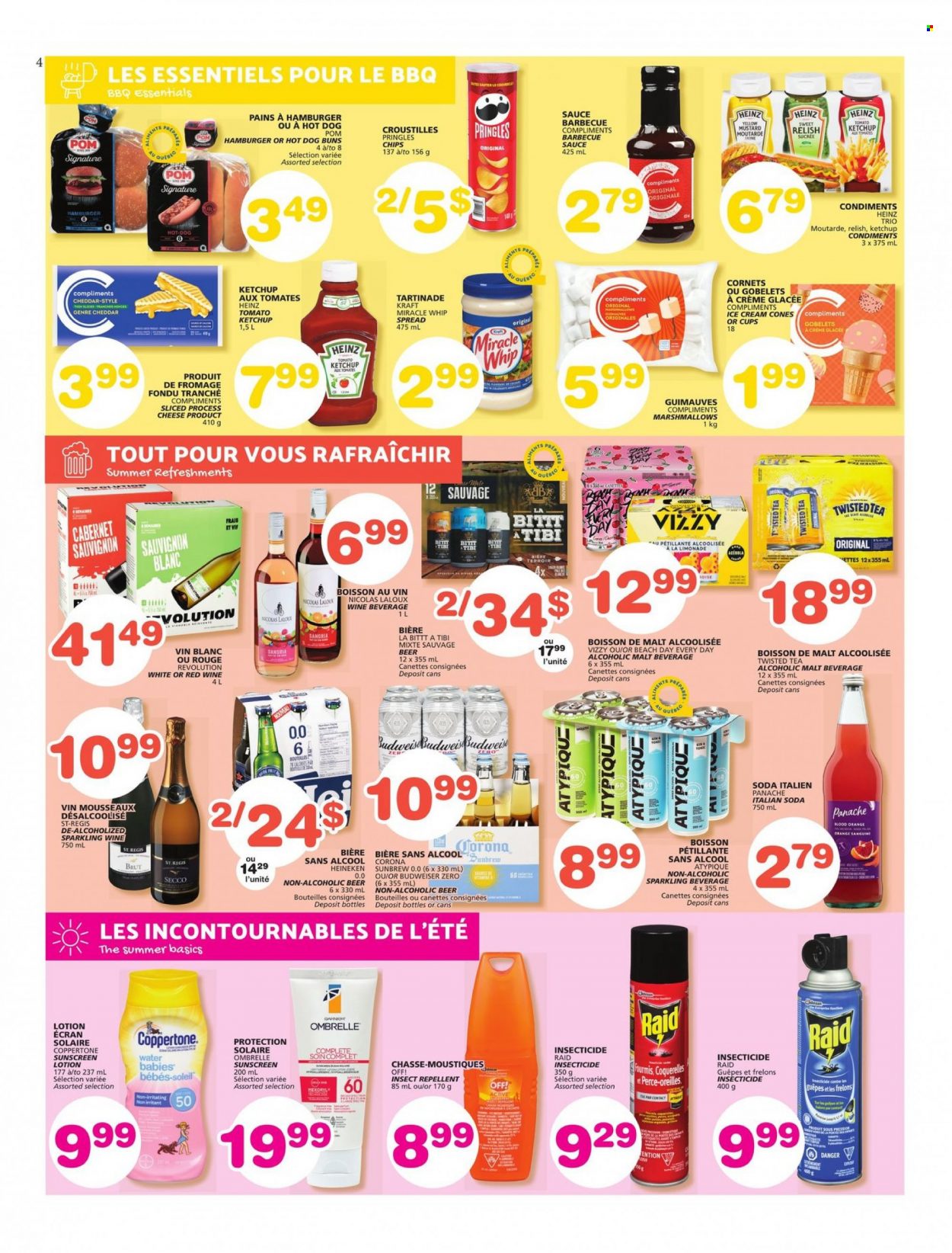 thumbnail - Les Marchés Tradition Flyer - May 19, 2022 - May 25, 2022 - Sales products - buns, sauce, Kraft®, cheese, Miracle Whip, ice cream, marshmallows, Pringles, chips, BBQ sauce, mustard, soda, tea, Cabernet Sauvignon, sparkling wine, white wine, Sauvignon Blanc, beer, Corona Extra, Heineken, body lotion, sunscreen lotion, Brut, Budweiser, Heinz, ketchup, oranges, Twisted Tea. Page 4.