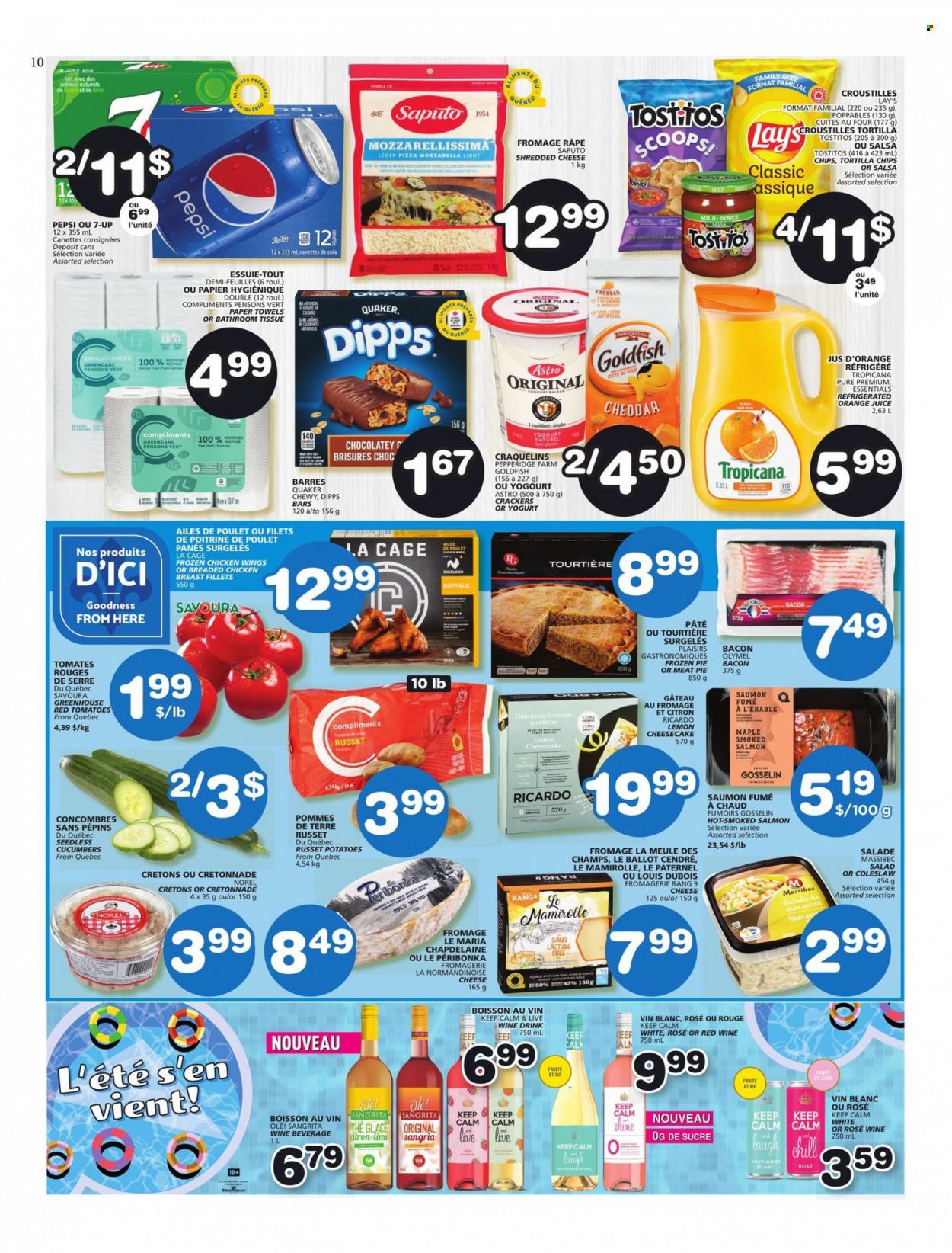 thumbnail - Les Marchés Tradition Flyer - May 19, 2022 - May 25, 2022 - Sales products - pie, cheesecake, cucumber, russet potatoes, potatoes, salmon, smoked salmon, coleslaw, pizza, macaroni, Quaker, bacon, shredded cheese, yoghurt, chicken wings, crackers, tortilla chips, Lay’s, Goldfish, Tostitos, salsa, Pepsi, orange juice, juice, 7UP, red wine, wine, rosé wine, chicken, bath tissue, kitchen towels, paper towels. Page 10.
