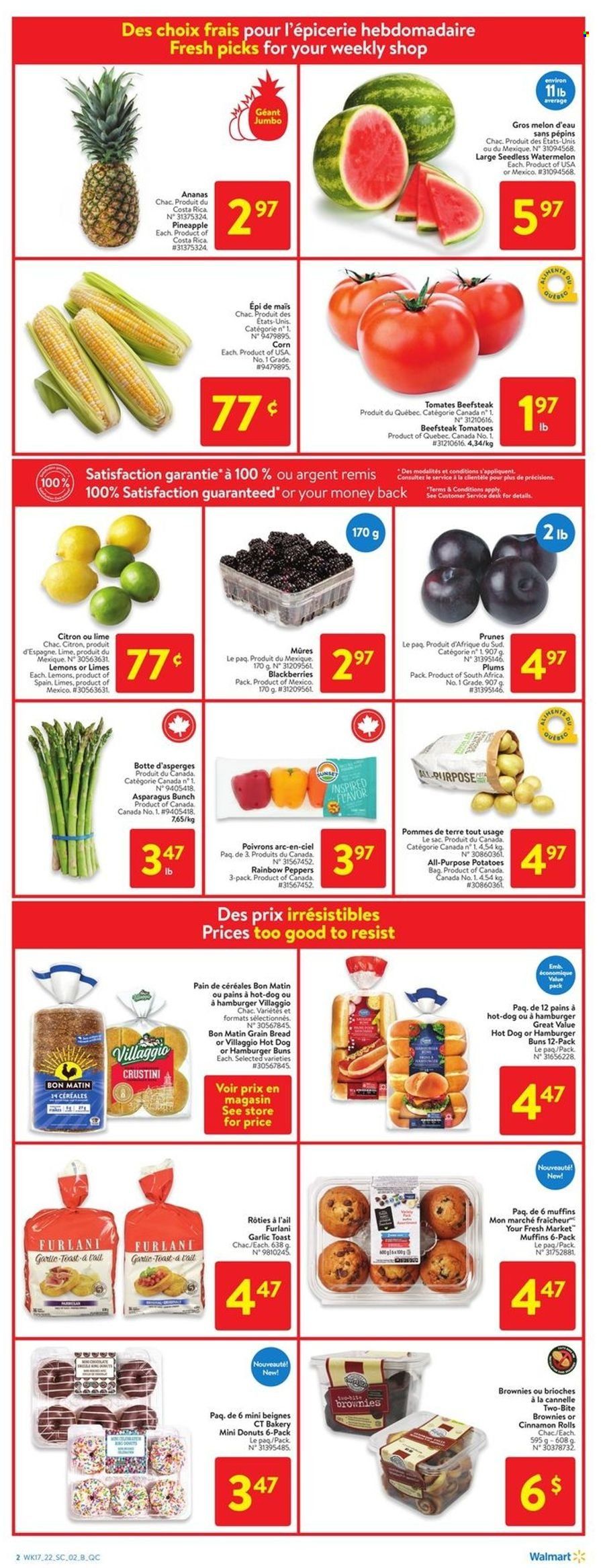 thumbnail - Walmart Flyer - May 19, 2022 - May 25, 2022 - Sales products - bread, buns, burger buns, cinnamon roll, brownies, donut, muffin, asparagus, corn, potatoes, peppers, blackberries, limes, watermelon, pineapple, plums, melons, lemons, hot dog, prunes, dried fruit, desk. Page 3.