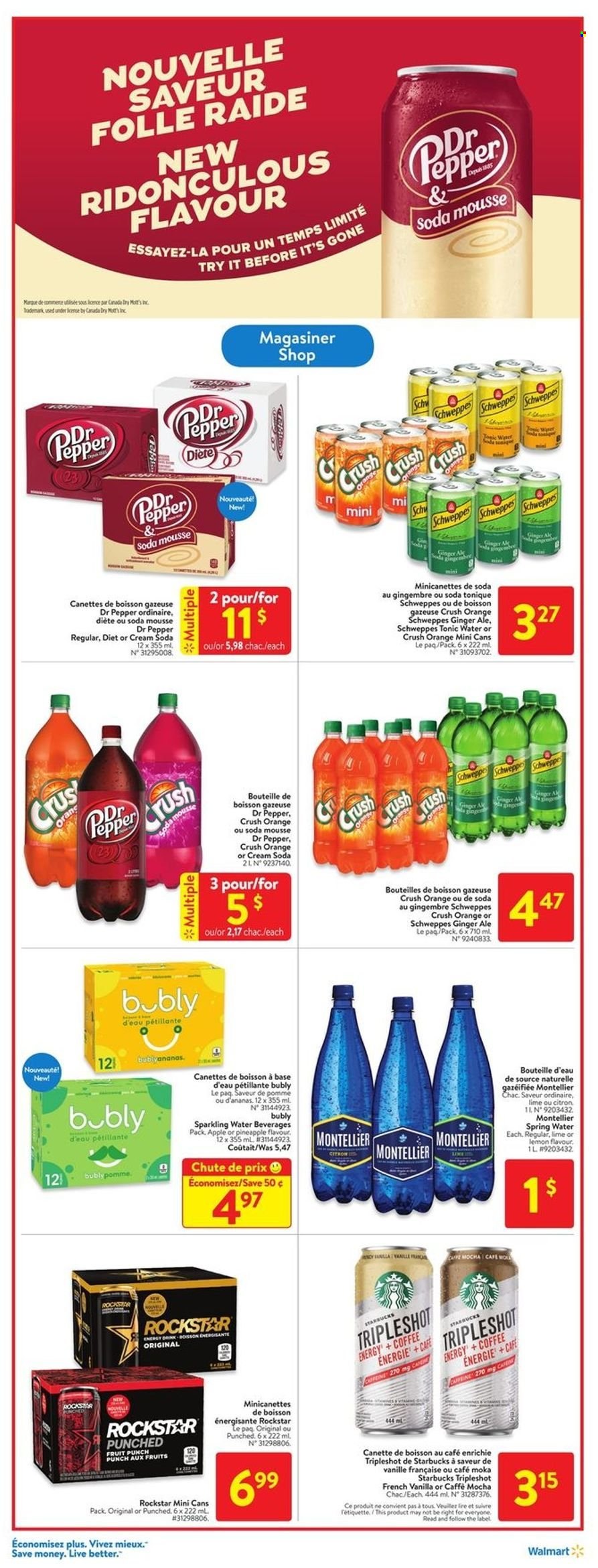 thumbnail - Walmart Flyer - May 19, 2022 - May 25, 2022 - Sales products - ginger ale, Schweppes, Dr. Pepper, tonic, Rockstar, fruit punch, spring water, sparkling water, coffee, Starbucks, oranges. Page 9.