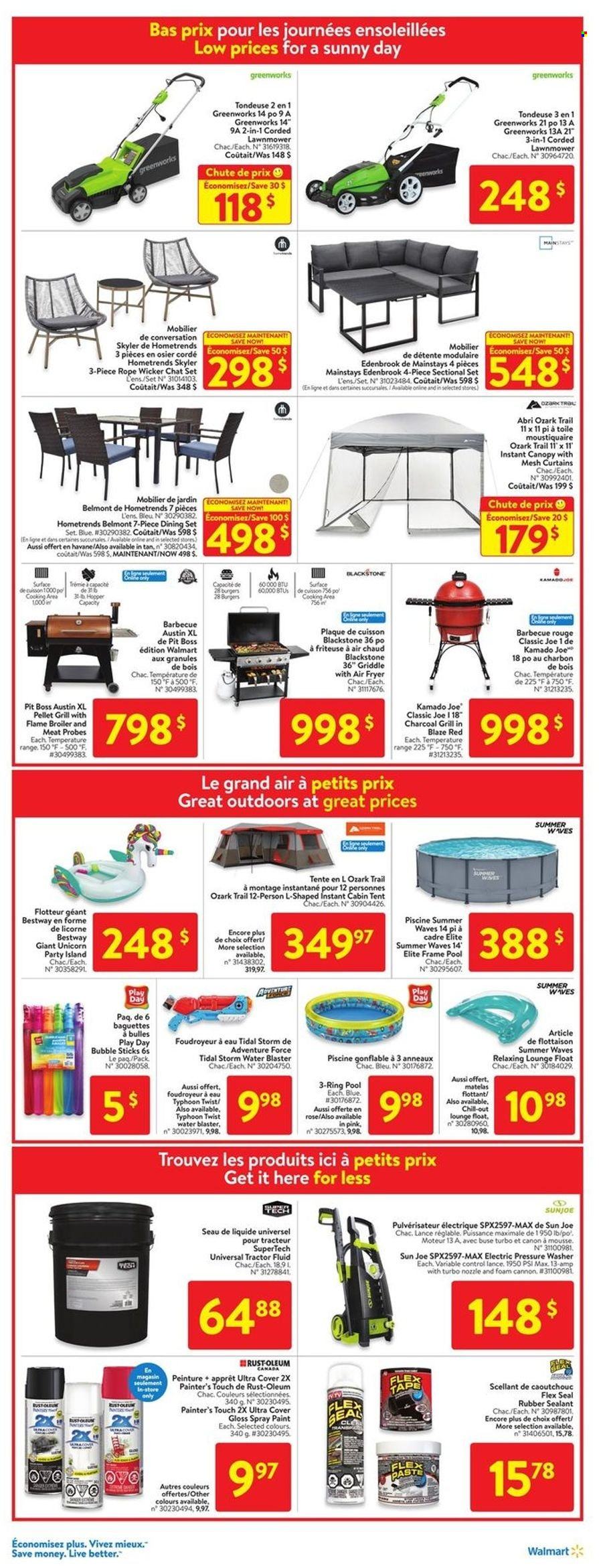 thumbnail - Walmart Flyer - May 19, 2022 - May 25, 2022 - Sales products - hamburger, wine, rosé wine, eraser, curtain, dining set, 4-piece sectional, lounge, tent, water blaster, tractor, lawn mower, electric pressure washer, pressure washer, instant canopy, pellet grill, rose, spray paint, baguette, Canon. Page 18.