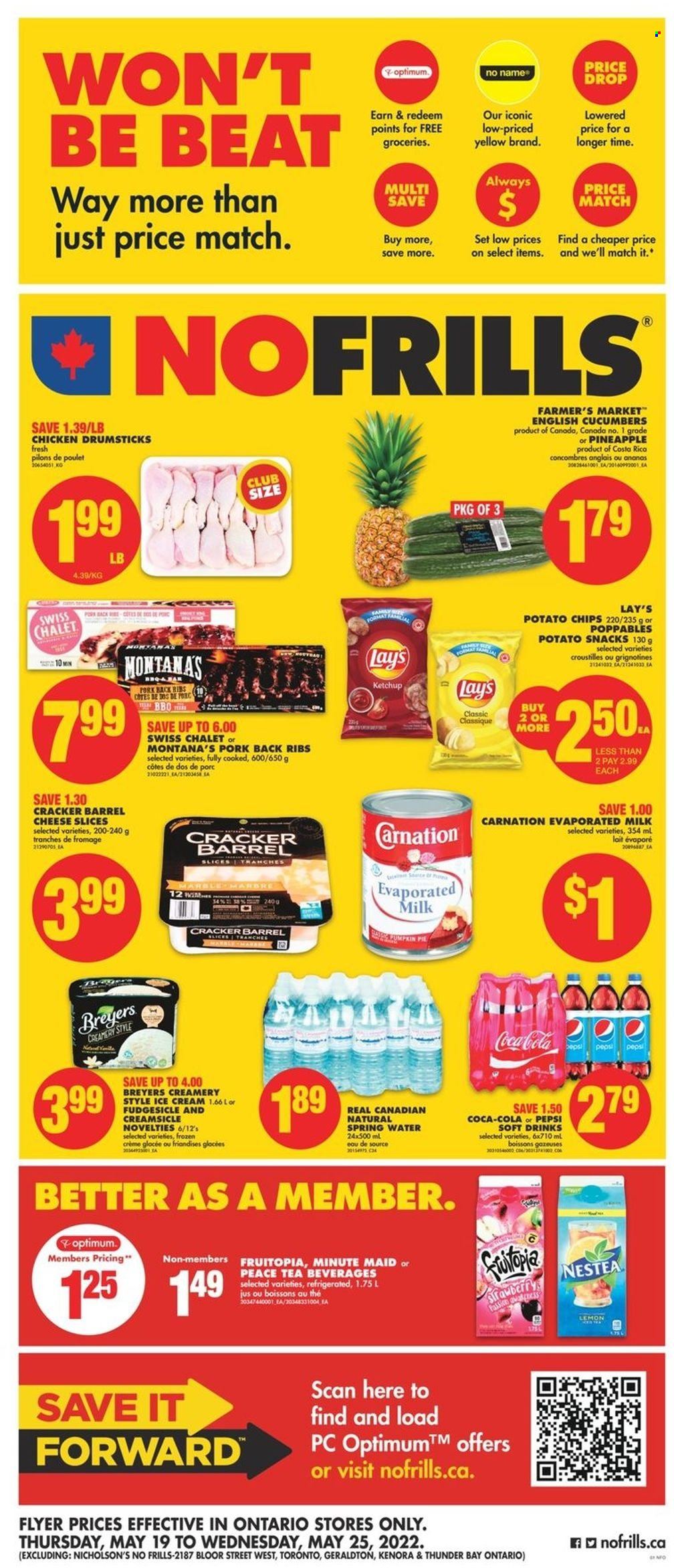 thumbnail - No Frills Flyer - May 19, 2022 - May 25, 2022 - Sales products - cucumber, No Name, sliced cheese, cheese, evaporated milk, ice cream, snack, crackers, potato chips, Lay’s, flour, Coca-Cola, Pepsi, soft drink, fruit punch, spring water, tea, L'Or, chicken drumsticks, chicken, pork meat, pork ribs, pork back ribs, Optimum, ketchup. Page 1.