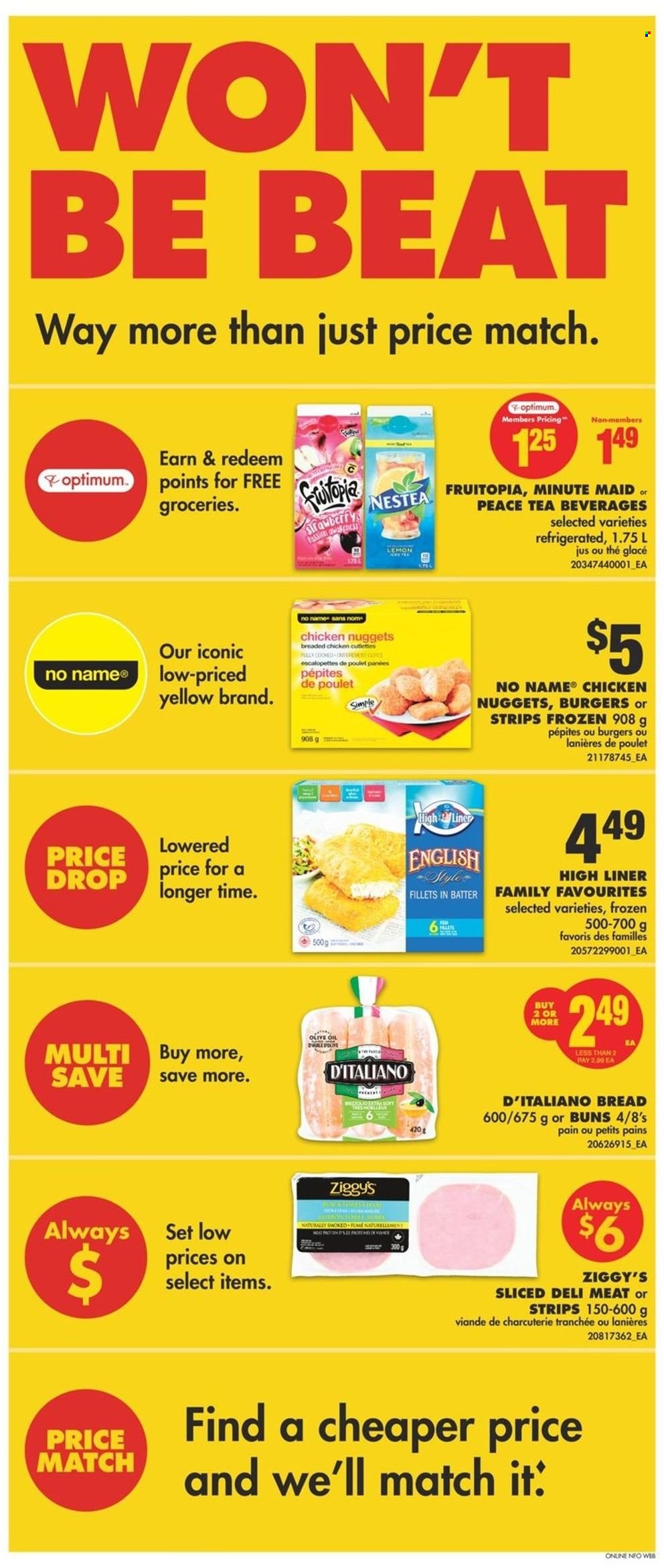 thumbnail - No Frills Flyer - May 19, 2022 - May 25, 2022 - Sales products - bread, buns, No Name, nuggets, hamburger, fried chicken, chicken nuggets, strips, olive oil, oil, fruit punch, tea, Optimum. Page 2.