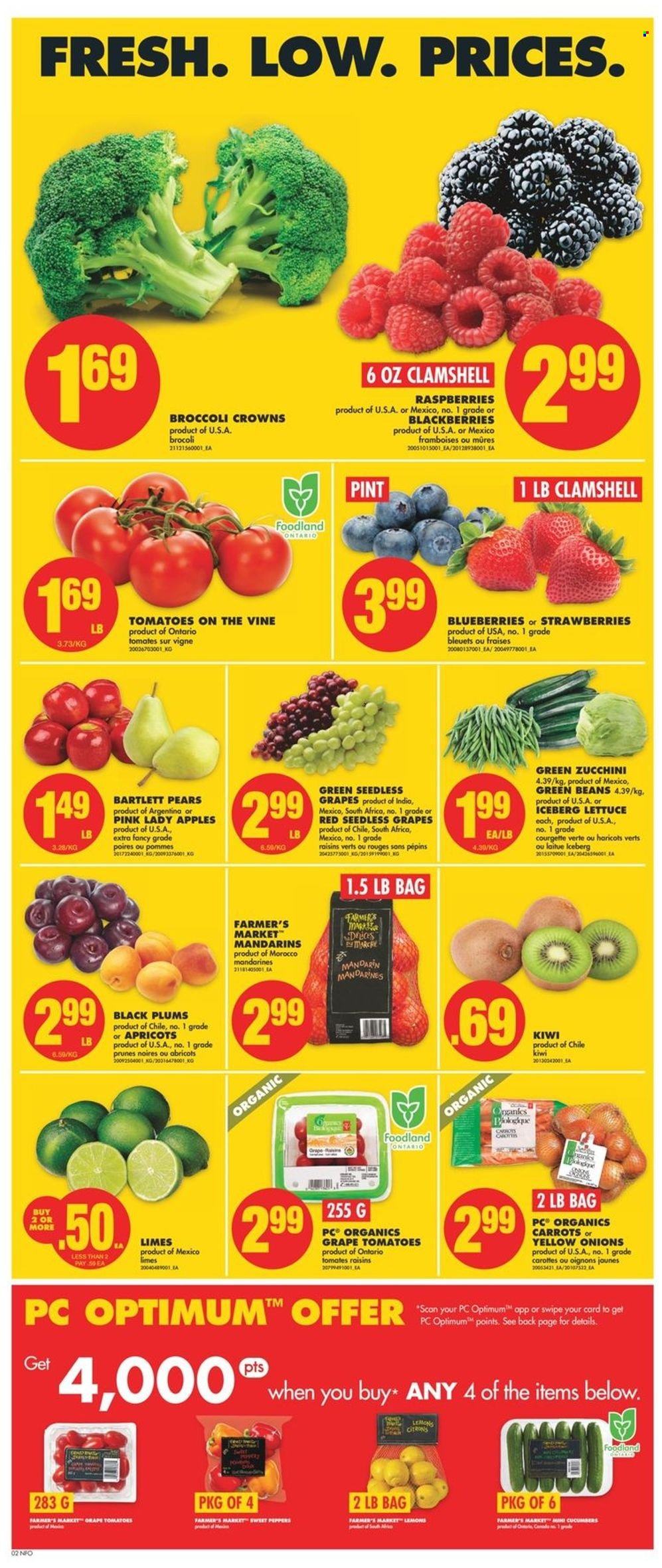 thumbnail - No Frills Flyer - May 19, 2022 - May 25, 2022 - Sales products - beans, carrots, green beans, tomatoes, zucchini, onion, lettuce, apples, Bartlett pears, blackberries, blueberries, limes, mandarines, seedless grapes, strawberries, plums, pears, apricots, lemons, black plums, Pink Lady, prunes, dried fruit, marker, Optimum, kiwi, raisins. Page 3.
