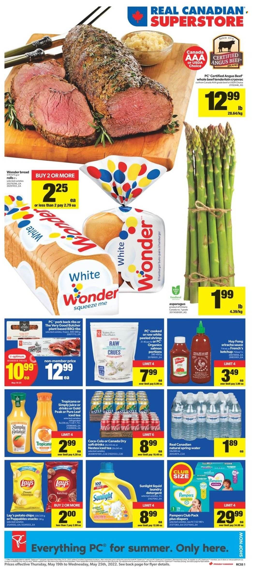 thumbnail - Circulaire Real Canadian Superstore - 19 Mai 2022 - 25 Mai 2022 - Produits soldés - pain hamburger, asperge, chips, Lay’s, Coca-Cola, détergent, Sunlight, Tropicana, Pampers. Page 1.