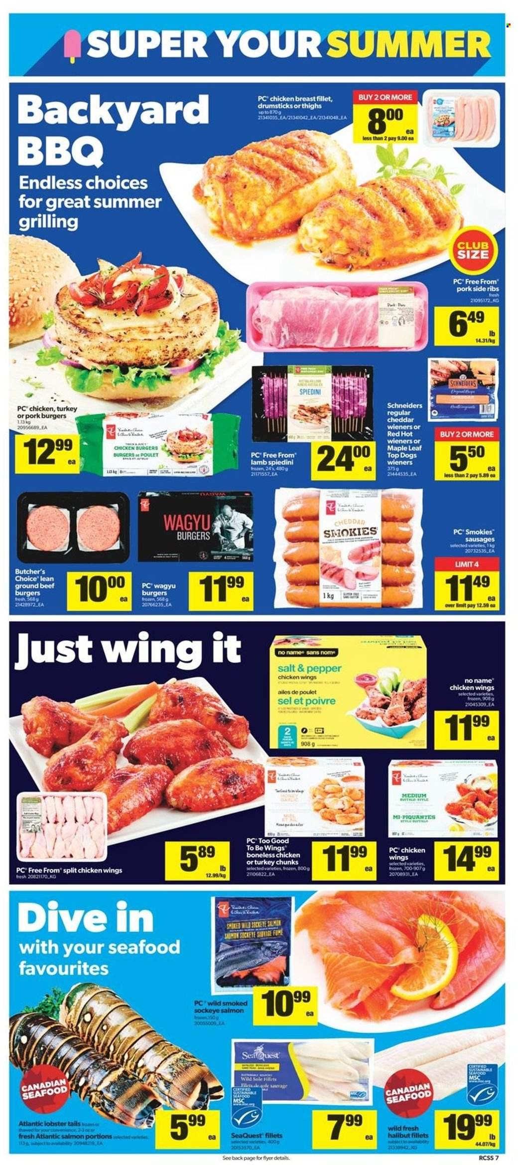 thumbnail - Real Canadian Superstore Flyer - May 19, 2022 - May 25, 2022 - Sales products - lobster, salmon, halibut, seafood, lobster tail, No Name, hamburger, beef burger, sausage, cheddar, cheese, chicken wings, chicken breasts, chicken, beef meat, ground beef. Page 7.