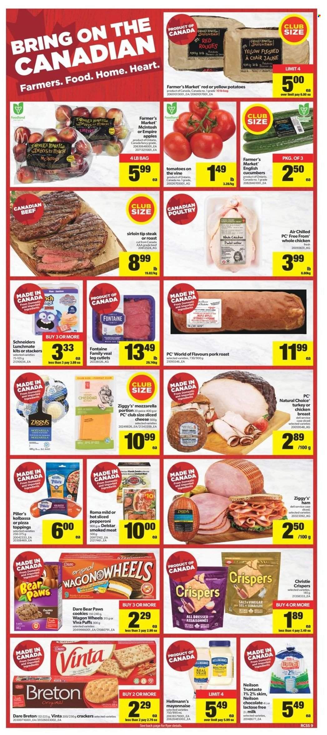 thumbnail - Real Canadian Superstore Flyer - May 19, 2022 - May 25, 2022 - Sales products - puffs, potatoes, apples, pizza, sliced turkey, ham, pepperoni, cheddar, milk, mayonnaise, Hellmann’s, cookies, chocolate, crackers, whole chicken, chicken breasts, chicken, pork meat, pork roast, Paws, McIntosh, chair, wagon, steak. Page 9.