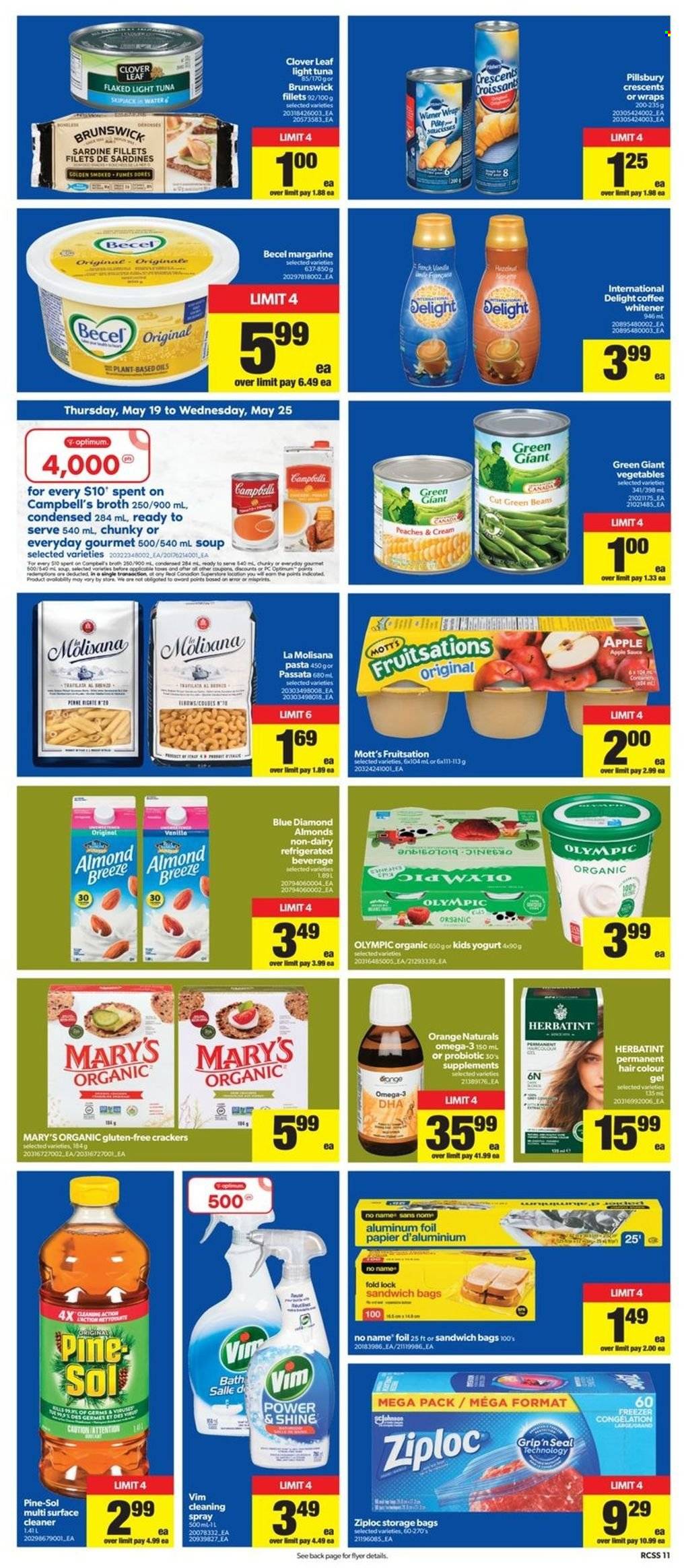 thumbnail - Real Canadian Superstore Flyer - May 19, 2022 - May 25, 2022 - Sales products - Apple, croissant, wraps, green beans, peaches, Mott's, sardines, tuna, No Name, Campbell's, soup, pasta, Pillsbury, yoghurt, Clover, Almond Breeze, margarine, crackers, broth, light tuna, Blue Diamond, coffee, surface cleaner, cleaner, Pine-Sol, hair color, bag, Ziploc, storage bag, aluminium foil, Optimum, Omega-3, oranges. Page 11.