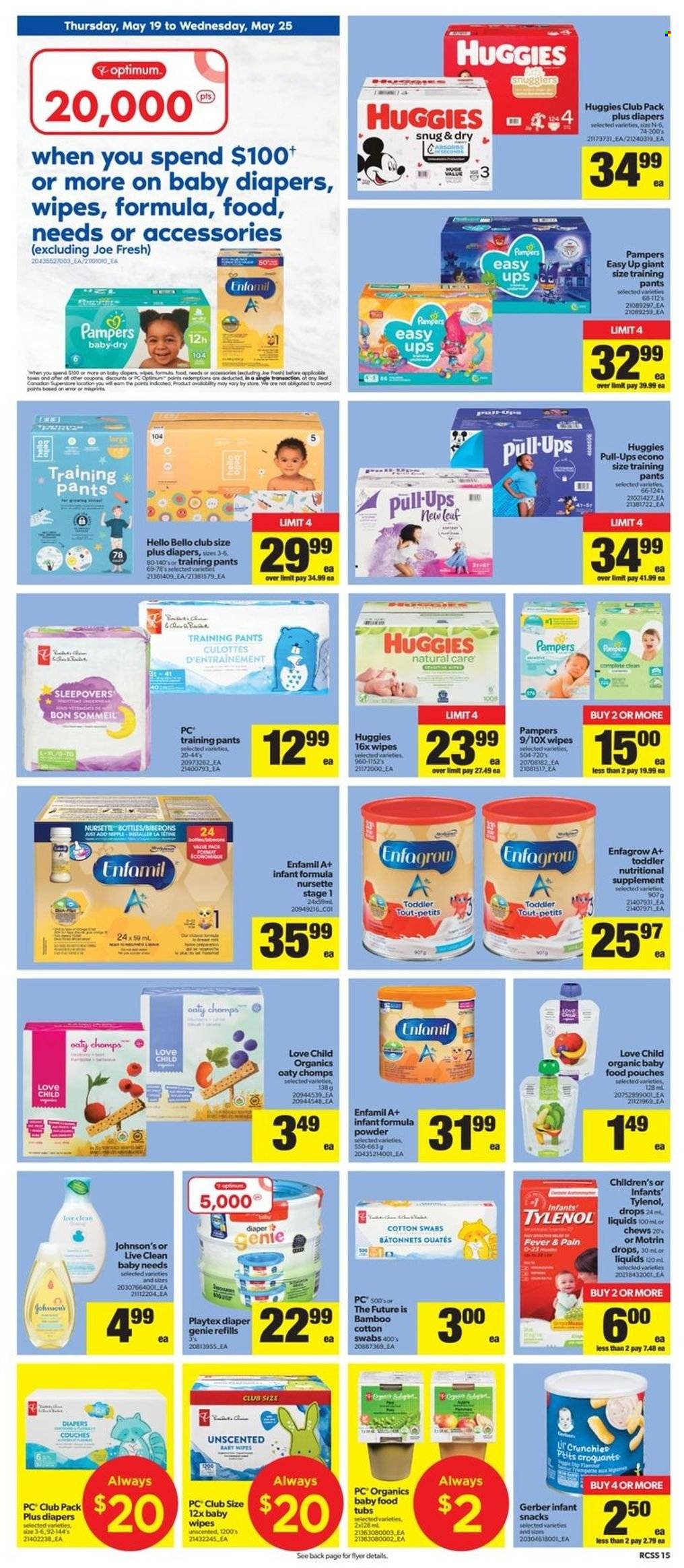 thumbnail - Real Canadian Superstore Flyer - May 19, 2022 - May 25, 2022 - Sales products - snack, chewing gum, Gerber, Enfamil, organic baby food, wipes, pants, baby wipes, nappies, Johnson's, baby pants, Playtex, Optimum, Tylenol, Motrin, Huggies, Pampers. Page 15.