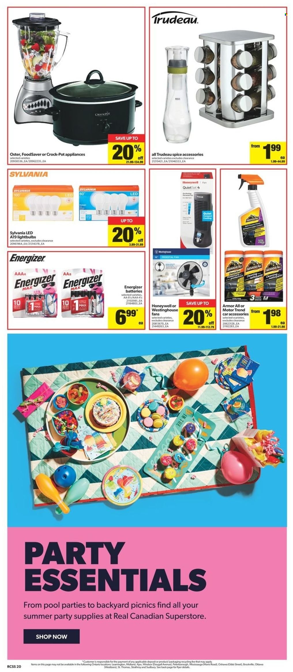thumbnail - Real Canadian Superstore Flyer - May 19, 2022 - May 25, 2022 - Sales products - spice, Ajax, pot, party supplies, battery, Sylvania, Honeywell, stand fan, pool, Energizer. Page 20.