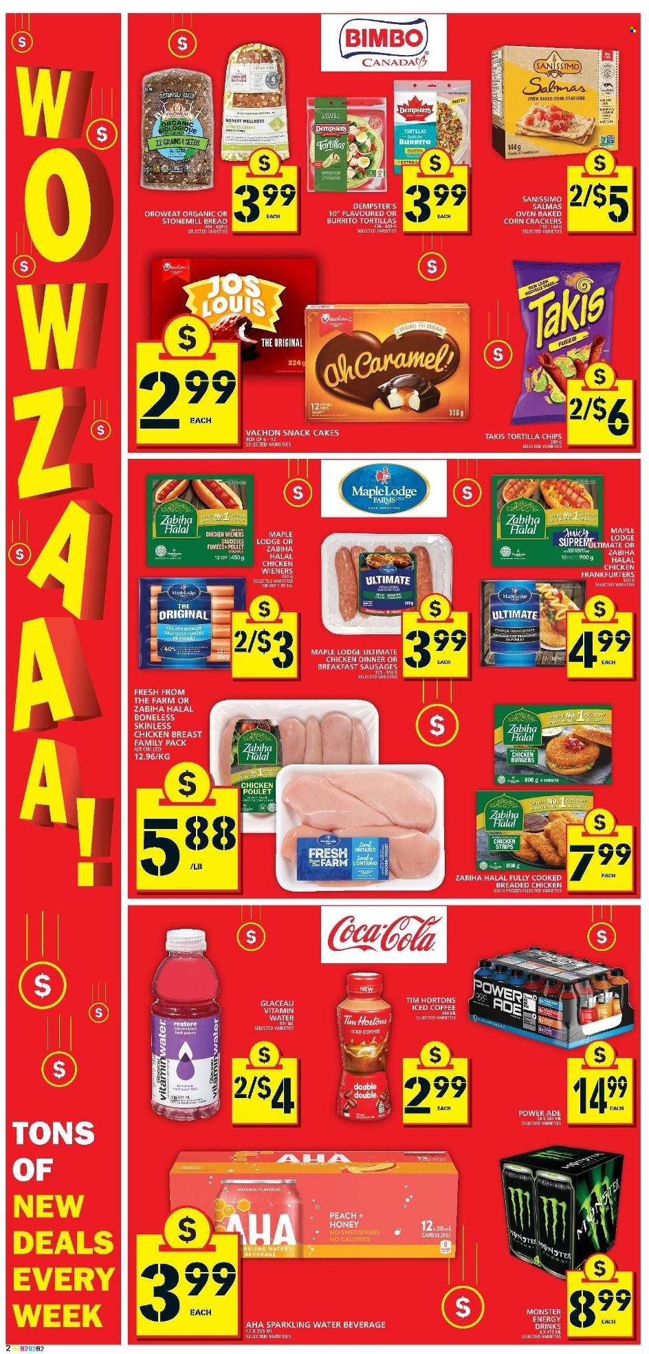 thumbnail - Food Basics Flyer - May 19, 2022 - May 25, 2022 - Sales products - bread, cake, corn, spinach, hamburger, fried chicken, burrito, sausage, snack, crackers, tortilla chips, chips, honey, Coca-Cola, energy drink, Monster, Monster Energy, sparkling water, iced coffee, chicken. Page 3.