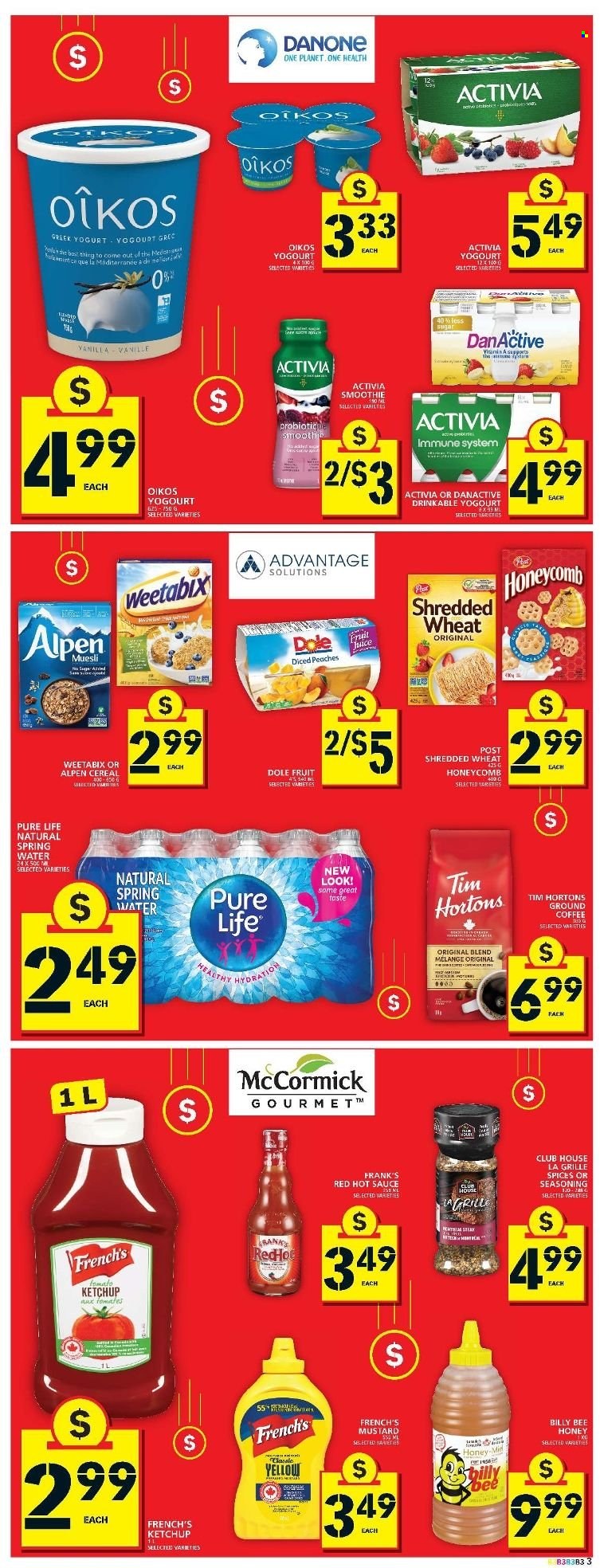 thumbnail - Food Basics Flyer - May 19, 2022 - May 25, 2022 - Sales products - Dole, sauce, Rana, yoghurt, Activia, Oikos, sugar, cereals, muesli, Weetabix, spice, mustard, hot sauce, honey, smoothie, spring water, coffee, ground coffee, ketchup, Danone. Page 4.
