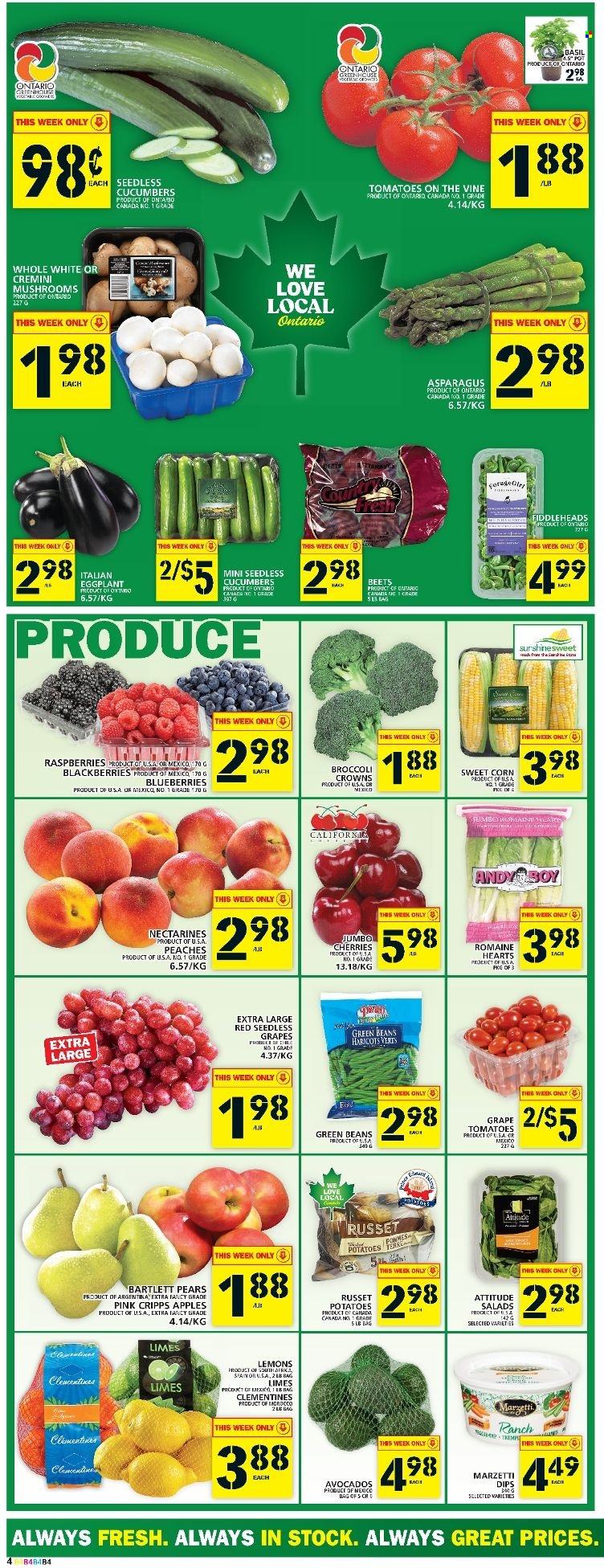 thumbnail - Food Basics Flyer - May 19, 2022 - May 25, 2022 - Sales products - asparagus, beans, broccoli, corn, cucumber, green beans, russet potatoes, tomatoes, potatoes, eggplant, sweet corn, apples, avocado, Bartlett pears, blackberries, blueberries, clementines, limes, nectarines, seedless grapes, cherries, pears, lemons, peaches, esponja. Page 5.