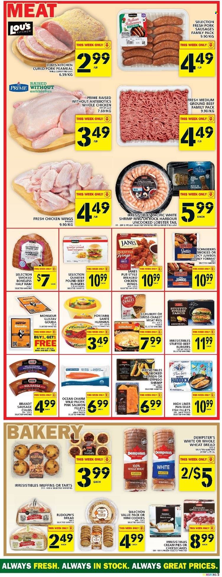 thumbnail - Food Basics Flyer - May 19, 2022 - May 25, 2022 - Sales products - wheat bread, cream pie, muffin, garlic, coconut, fish fillets, lobster, salmon, salmon fillet, smoked salmon, haddock, fish, lobster tail, shrimps, hamburger, fried chicken, beef burger, half ham, ham, sausage, hummus, gouda, cookies, whole chicken, chicken, beef meat, ground beef, pan. Page 6.