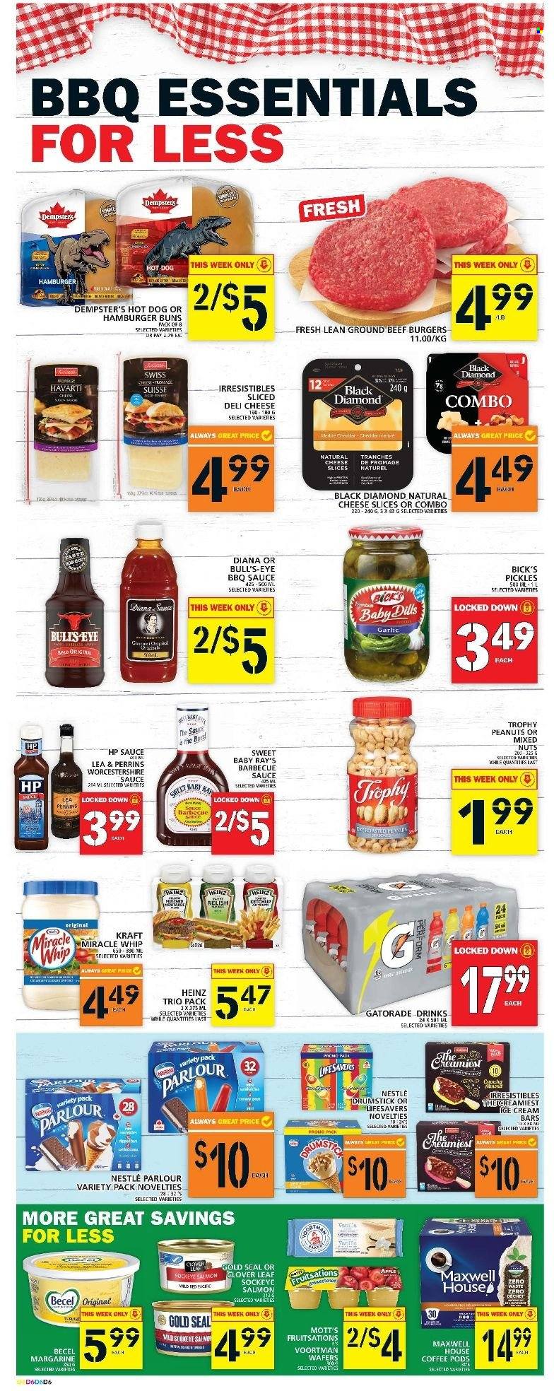 thumbnail - Food Basics Flyer - May 19, 2022 - May 25, 2022 - Sales products - buns, burger buns, garlic, Mott's, salmon, hot dog, sauce, beef burger, Kraft®, sliced cheese, Havarti, cheese, Clover, margarine, Miracle Whip, ice cream, ice cream bars, wafers, pickles, BBQ sauce, worcestershire sauce, peanuts, mixed nuts, Gatorade, Maxwell House, coffee pods, beef meat, ground beef, Nestlé, Heinz. Page 7.