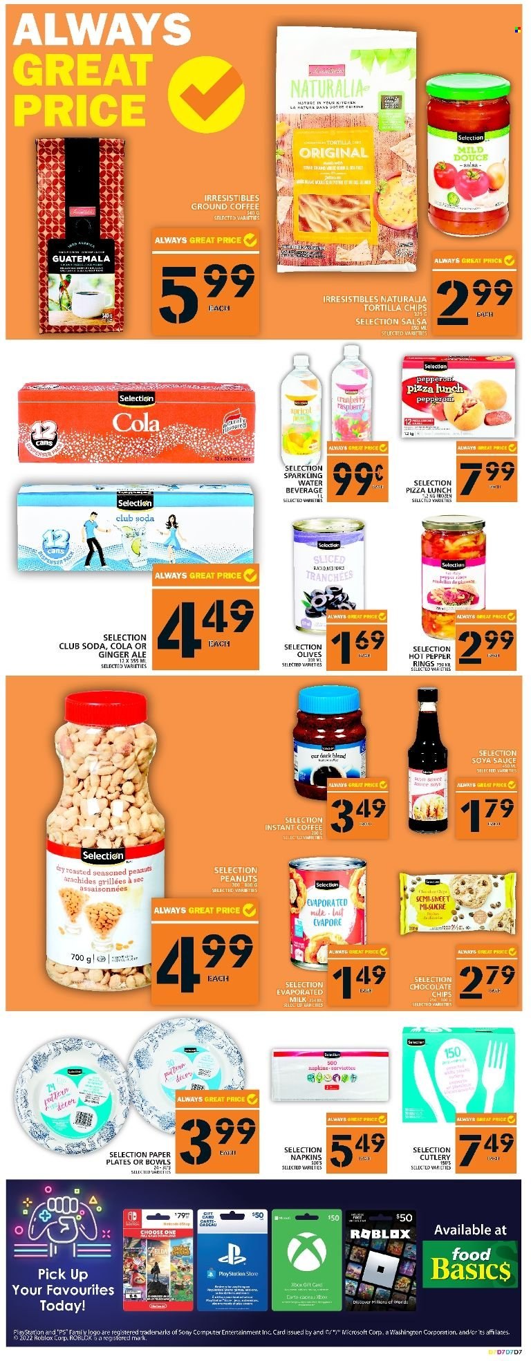 thumbnail - Food Basics Flyer - May 19, 2022 - May 25, 2022 - Sales products - pizza, sauce, evaporated milk, tortilla chips, soy sauce, salsa, peanuts, ginger ale, Club Soda, sparkling water, instant coffee, ground coffee, napkins, plate, paper, paper plate, olives. Page 8.