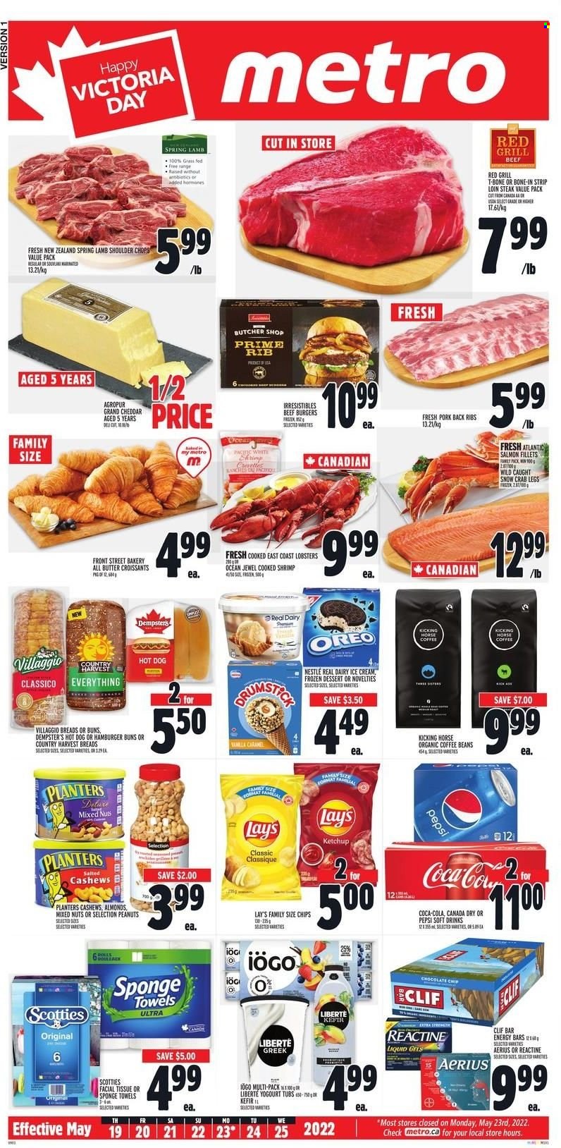 thumbnail - Metro Flyer - May 19, 2022 - May 25, 2022 - Sales products - bread, hot dog rolls, croissant, buns, burger buns, fish fillets, lobster, salmon, salmon fillet, crab legs, crab, shrimps, beef burger, cheese, Oreo, kefir, ice cream, frozen dessert, Country Harvest, chocolate chips, Lay’s, energy bar, ketchup, almonds, cashews, peanuts, mixed nuts, Planters, Canada Dry, Coca-Cola, ginger ale, Pepsi, soft drink, carbonated soft drink, coffee beans, organic coffee, beef meat, t-bone steak, steak, pork meat, pork ribs, pork back ribs, lamb meat, lamb shoulder, tissues, kitchen towels, paper towels, facial tissues, grill, allergy control, Nestlé. Page 1.