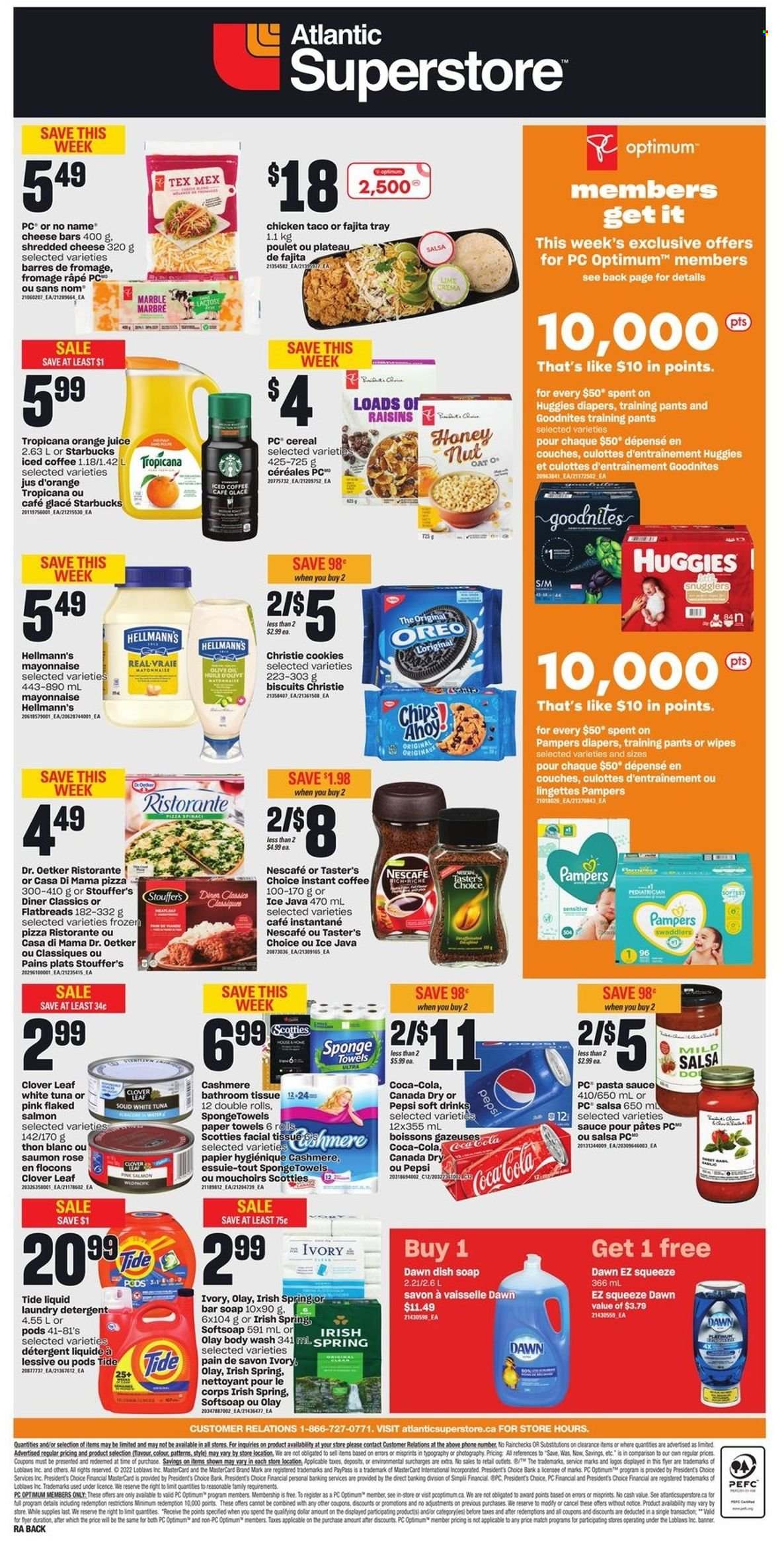 thumbnail - Atlantic Superstore Flyer - May 19, 2022 - May 25, 2022 - Sales products - salmon, tuna, No Name, pizza, pasta sauce, sauce, fajita, shredded cheese, Dr. Oetker, Président, Clover, mayonnaise, Hellmann’s, Stouffer's, cookies, biscuit, oats, cereals, salsa, oil, Canada Dry, Coca-Cola, Pepsi, orange juice, juice, soft drink, iced coffee, instant coffee, Starbucks, rosé wine, wipes, pants, nappies, baby pants, bath tissue, kitchen towels, paper towels, Tide, laundry detergent, body wash, Softsoap, soap bar, soap, Olay, Optimum, rose, detergent, Huggies, Pampers, Oreo, Nescafé. Page 2.