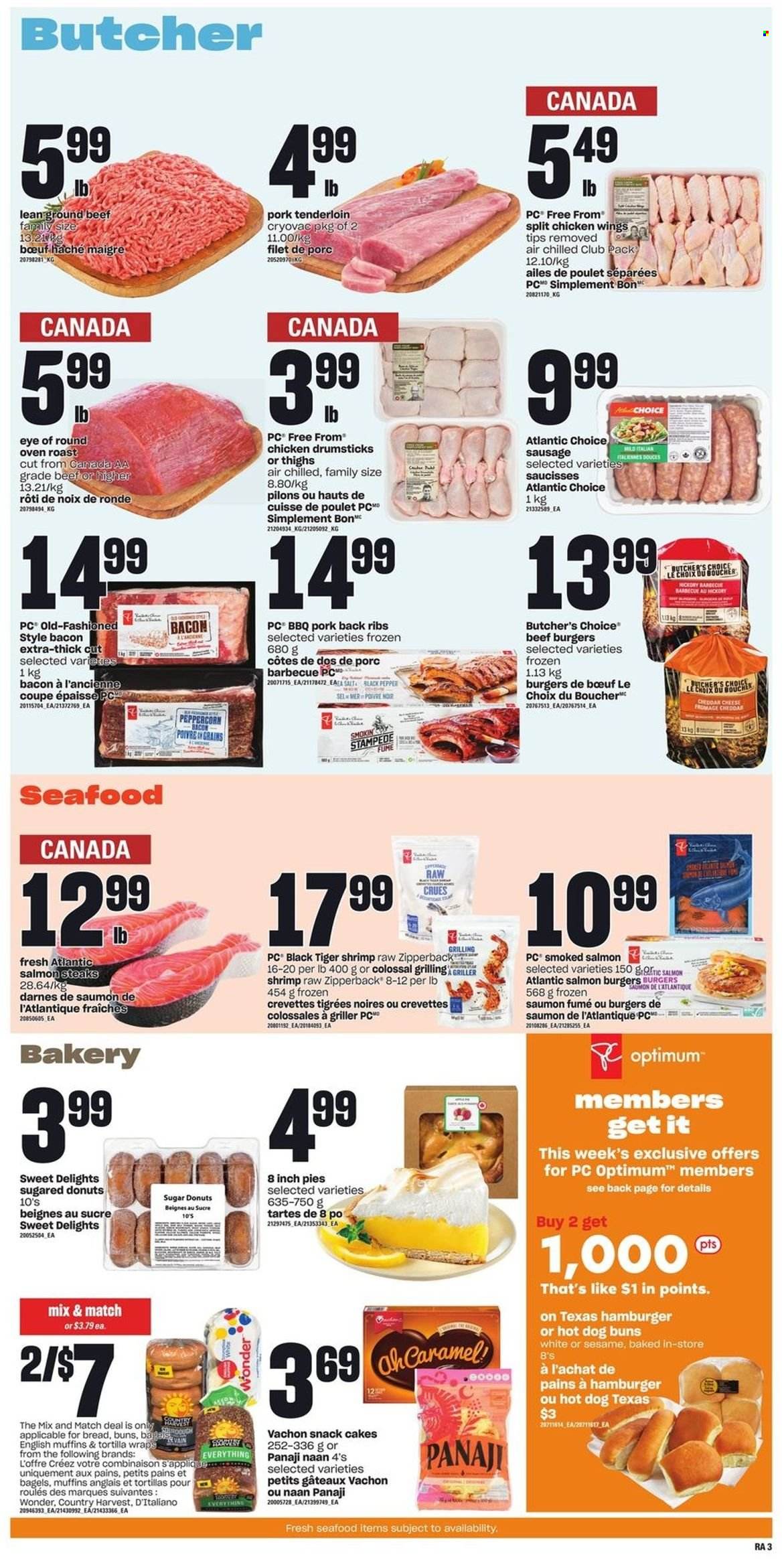 thumbnail - Atlantic Superstore Flyer - May 19, 2022 - May 25, 2022 - Sales products - bagels, english muffins, tortillas, cake, buns, wraps, donut, salmon, smoked salmon, seafood, shrimps, beef burger, bacon, sausage, cheddar, cheese, Country Harvest, chicken wings, snack, sugar, pepper, chicken drumsticks, chicken, beef meat, ground beef, eye of round, pork meat, pork ribs, pork tenderloin, pork back ribs, Optimum, steak. Page 4.